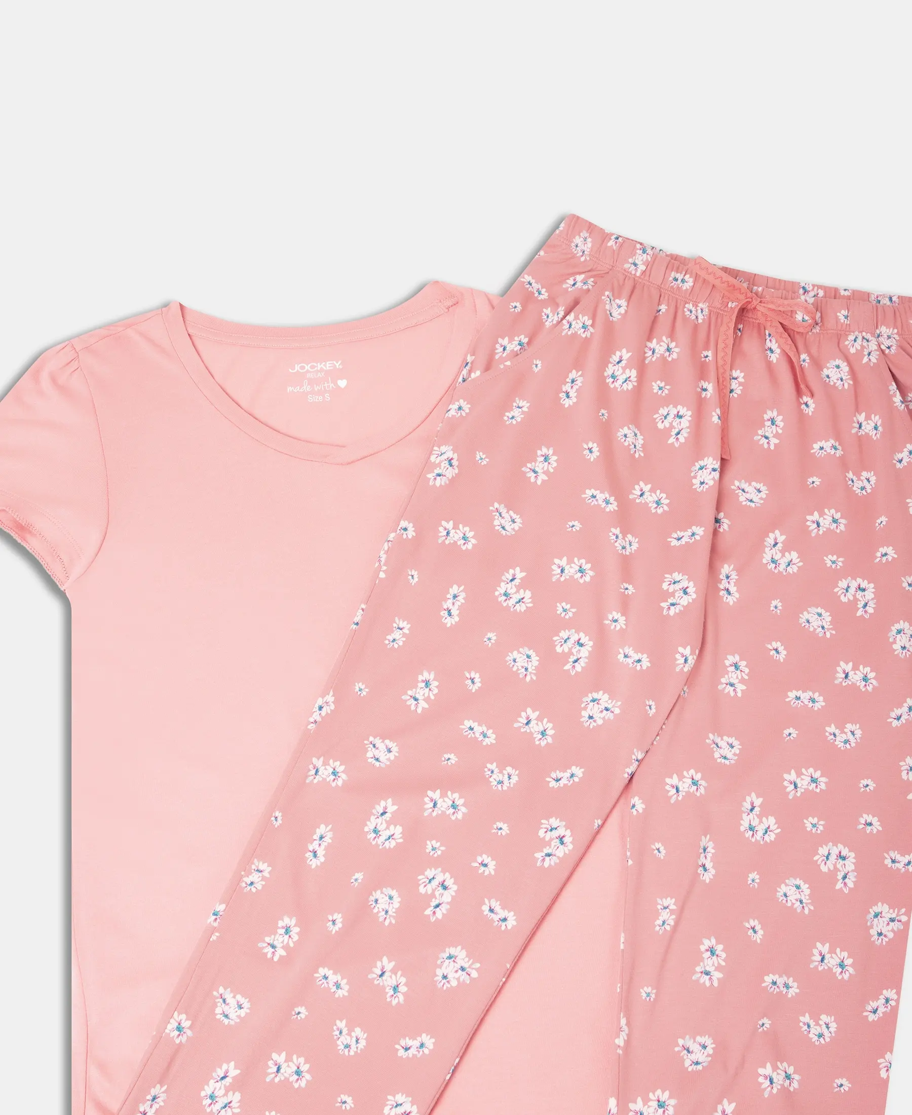 Micro Modal Cotton Short Sleeve T-Shirt & Pyjama Sleep Set - Peach Blossom - Image 9