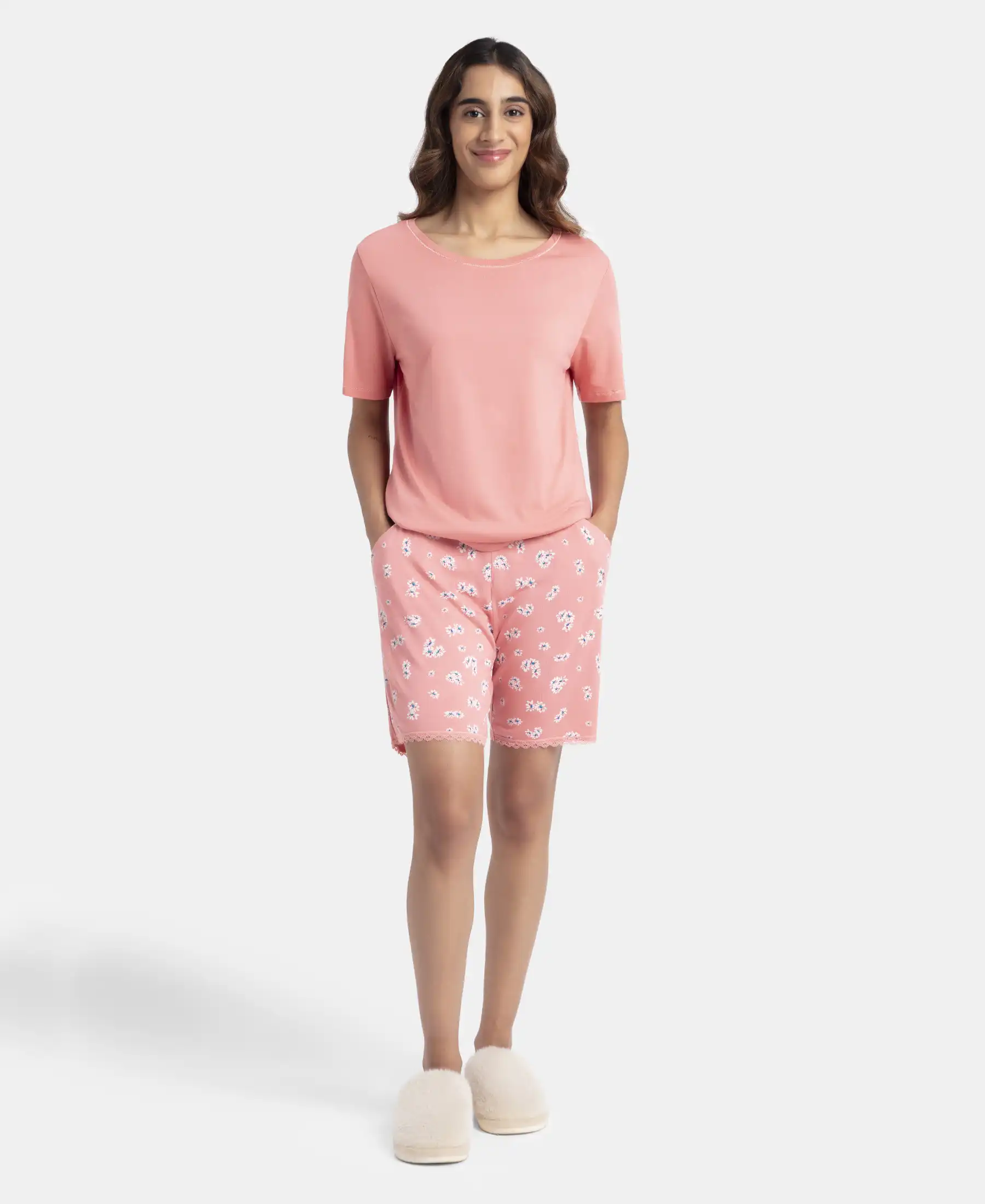 Micro Modal Cotton Short Sleeve T-Shirt and Printed Shorts Set - Peach Blossom - Image 4