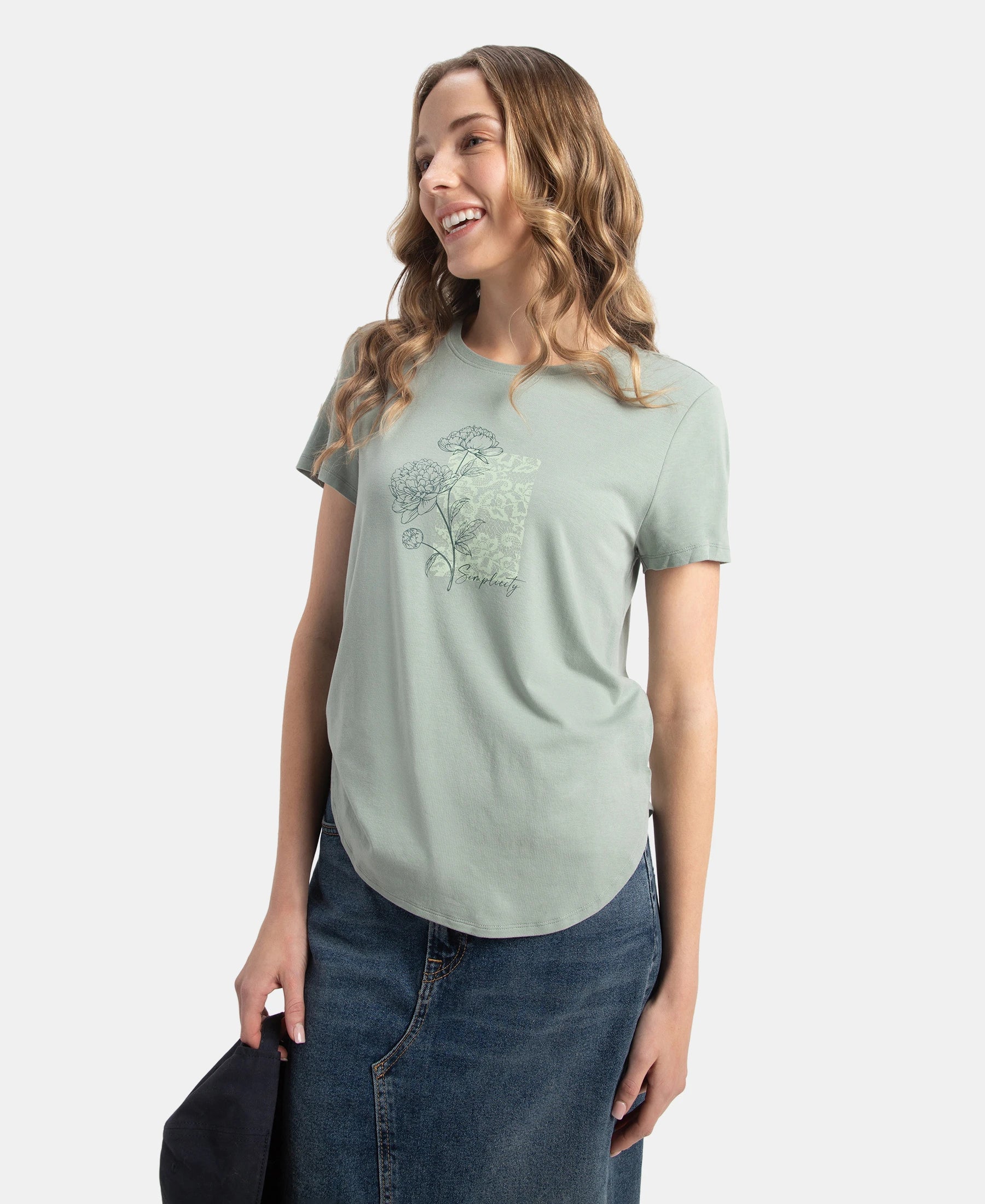 Micro Modal Fiber Elastane Stretch Relaxed Fit Graphic Print Round Neck Half Sleeve T-Shirt With Curved Hem Styling - Iceberg Green - Image 5