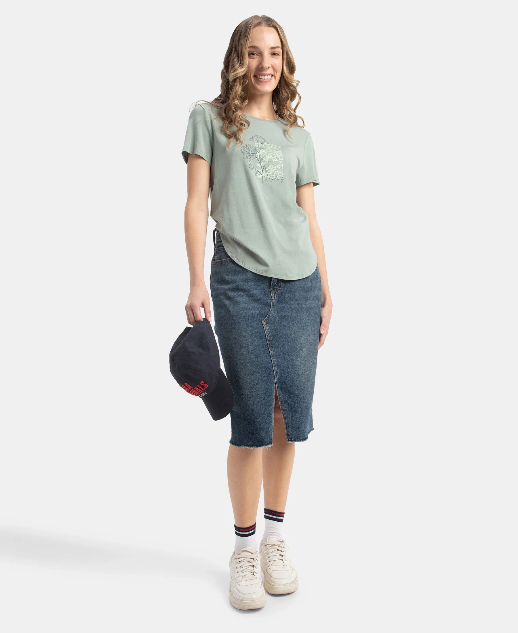 Micro Modal Fiber Elastane Stretch Relaxed Fit Graphic Print Round Neck Half Sleeve T-Shirt With Curved Hem Styling - Iceberg Green - Image 6