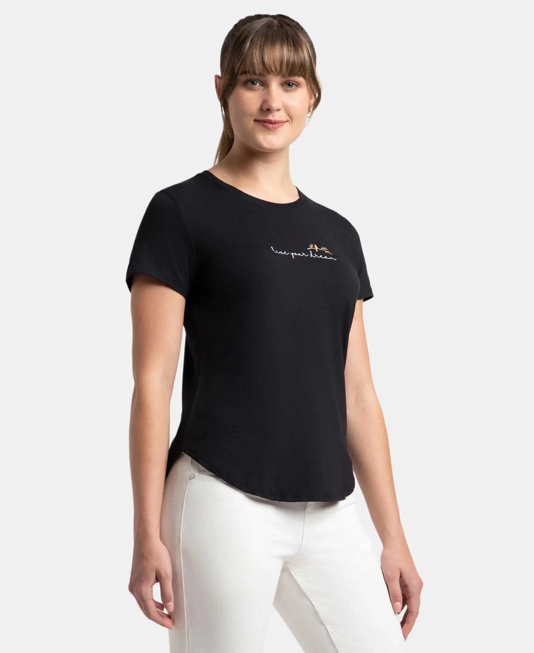 Micro Modal Fiber Elastane Stretch Relaxed Fit Graphic Print Round Neck Half Sleeve T-Shirt With Curved Hem Styling - Black - Image 2