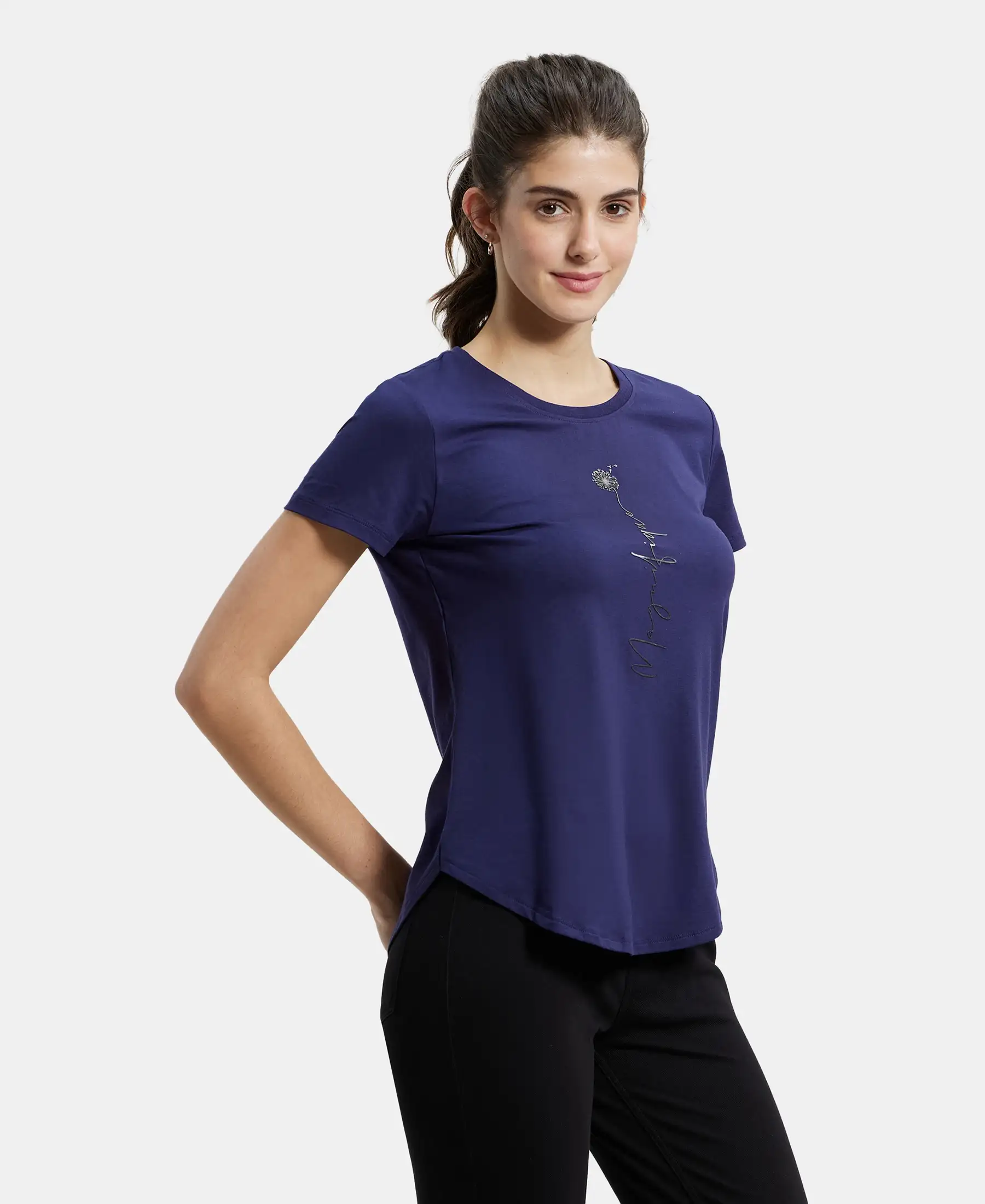 Micro Modal Fiber Elastane Stretch Relaxed Fit Graphic Print Round Neck Half Sleeve T-Shirt With Curved Hem Styling - Classic Navy - Image 2
