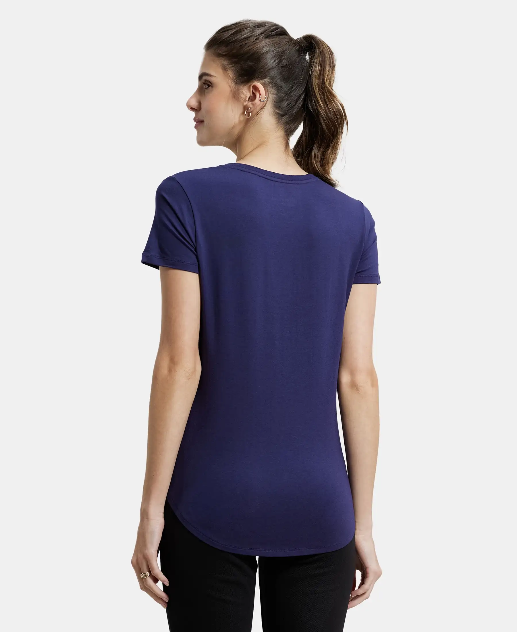 Micro Modal Fiber Elastane Stretch Relaxed Fit Graphic Print Round Neck Half Sleeve T-Shirt With Curved Hem Styling - Classic Navy - Image 3