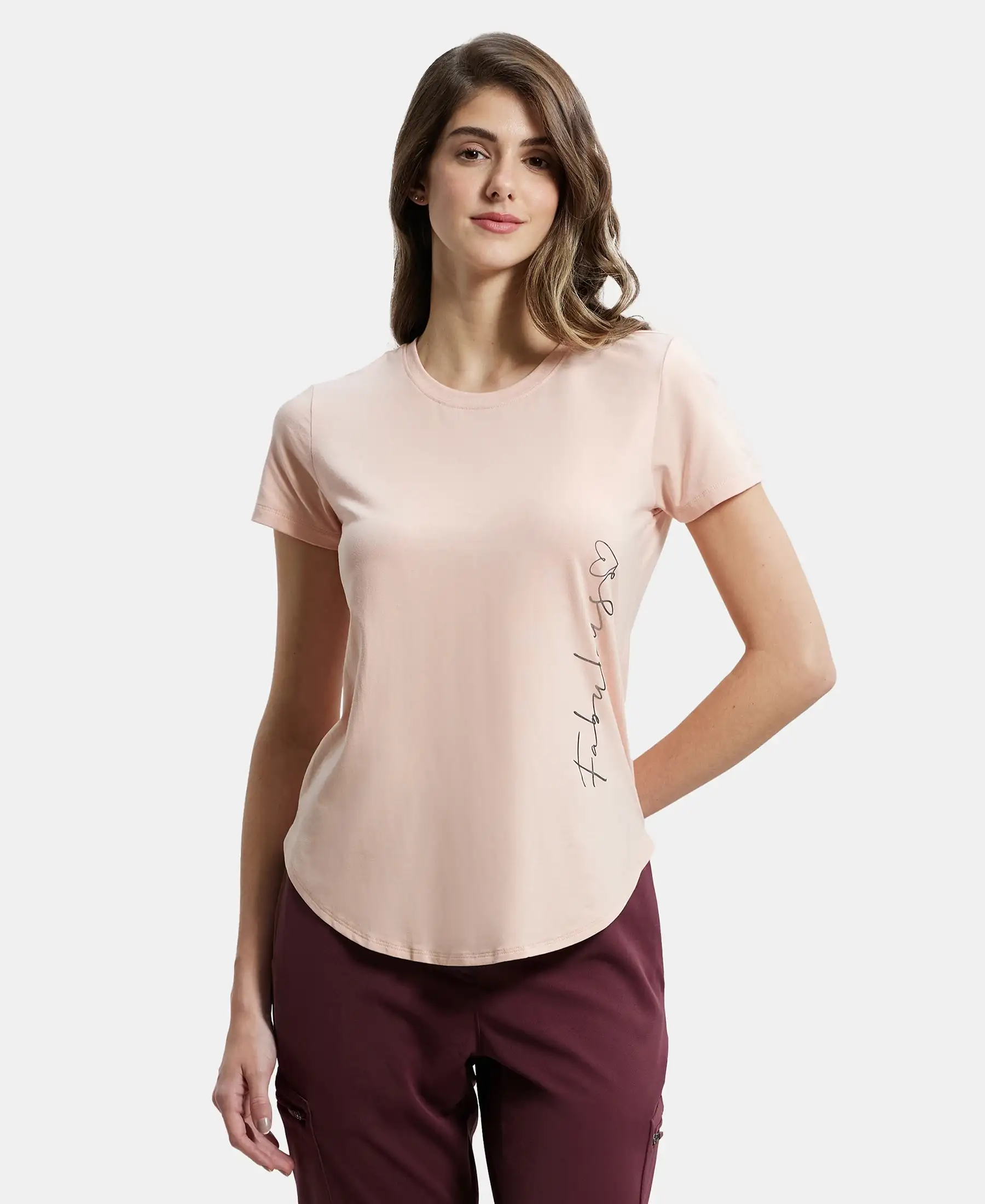 Micro Modal Fiber Elastane Stretch Relaxed Fit Graphic Print Round Neck Half Sleeve T-Shirt With Curved Hem Styling - Rosecloud