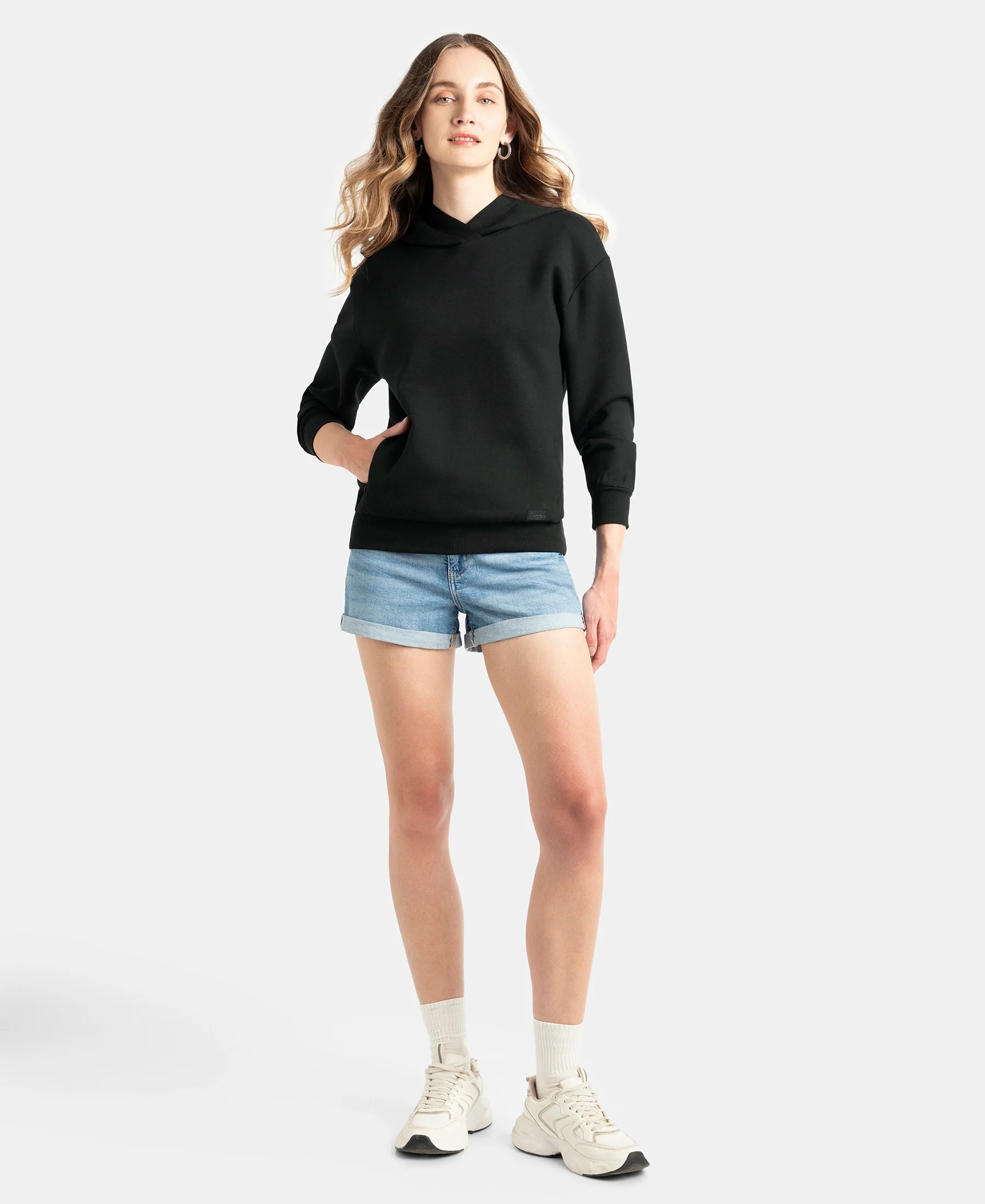 Microfiber Cotton Blend Elastane Stretch Drop Shoulder Hoodie Sweatshirt - Black - Image 4