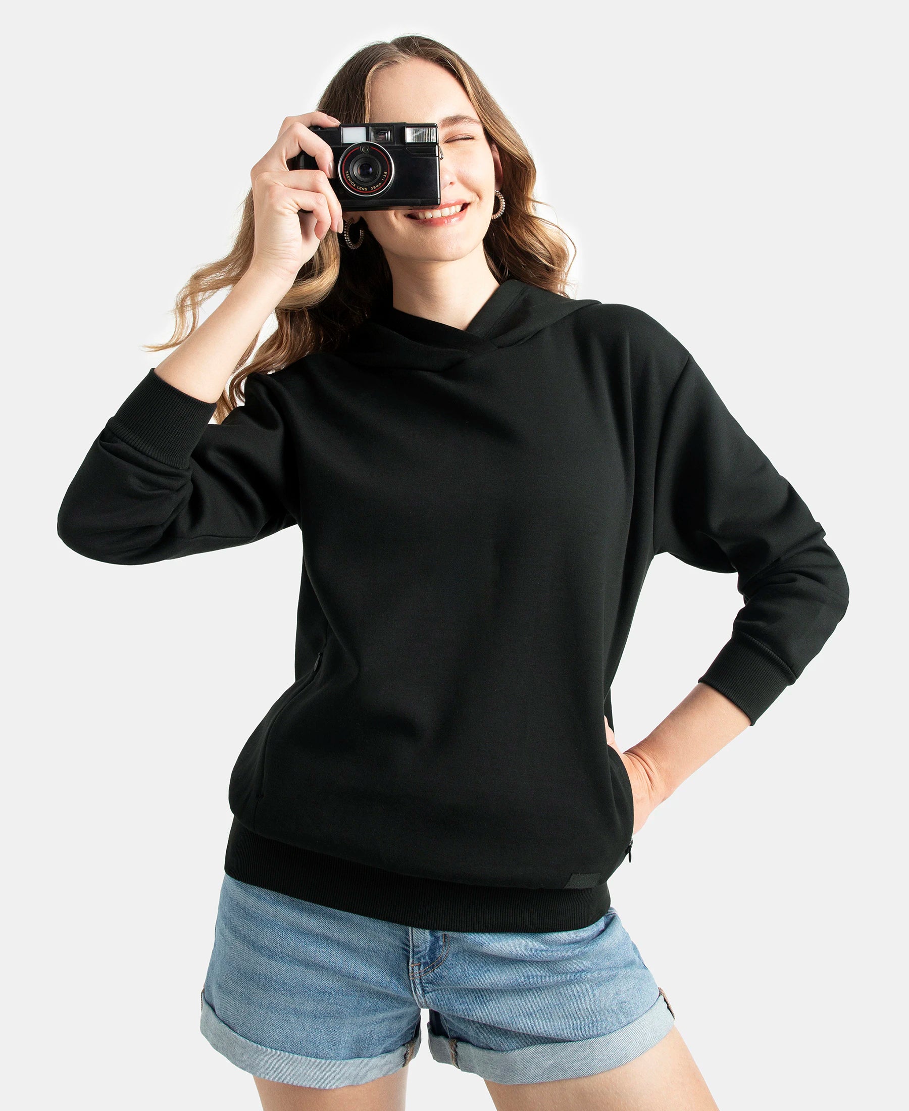 Microfiber Cotton Blend Elastane Stretch Drop Shoulder Hoodie Sweatshirt - Black - Image 5