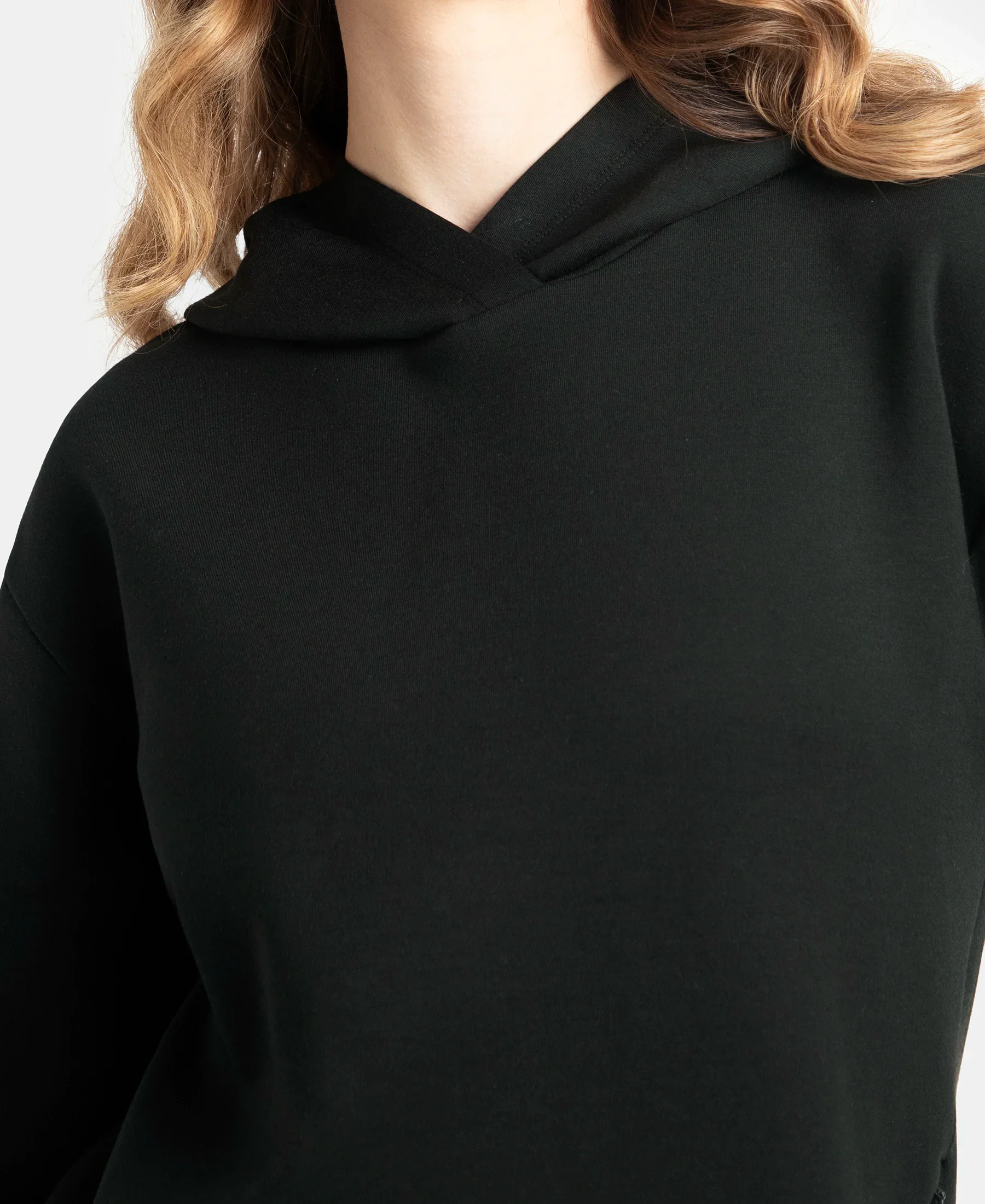 Microfiber Cotton Blend Elastane Stretch Drop Shoulder Hoodie Sweatshirt - Black - Image 7