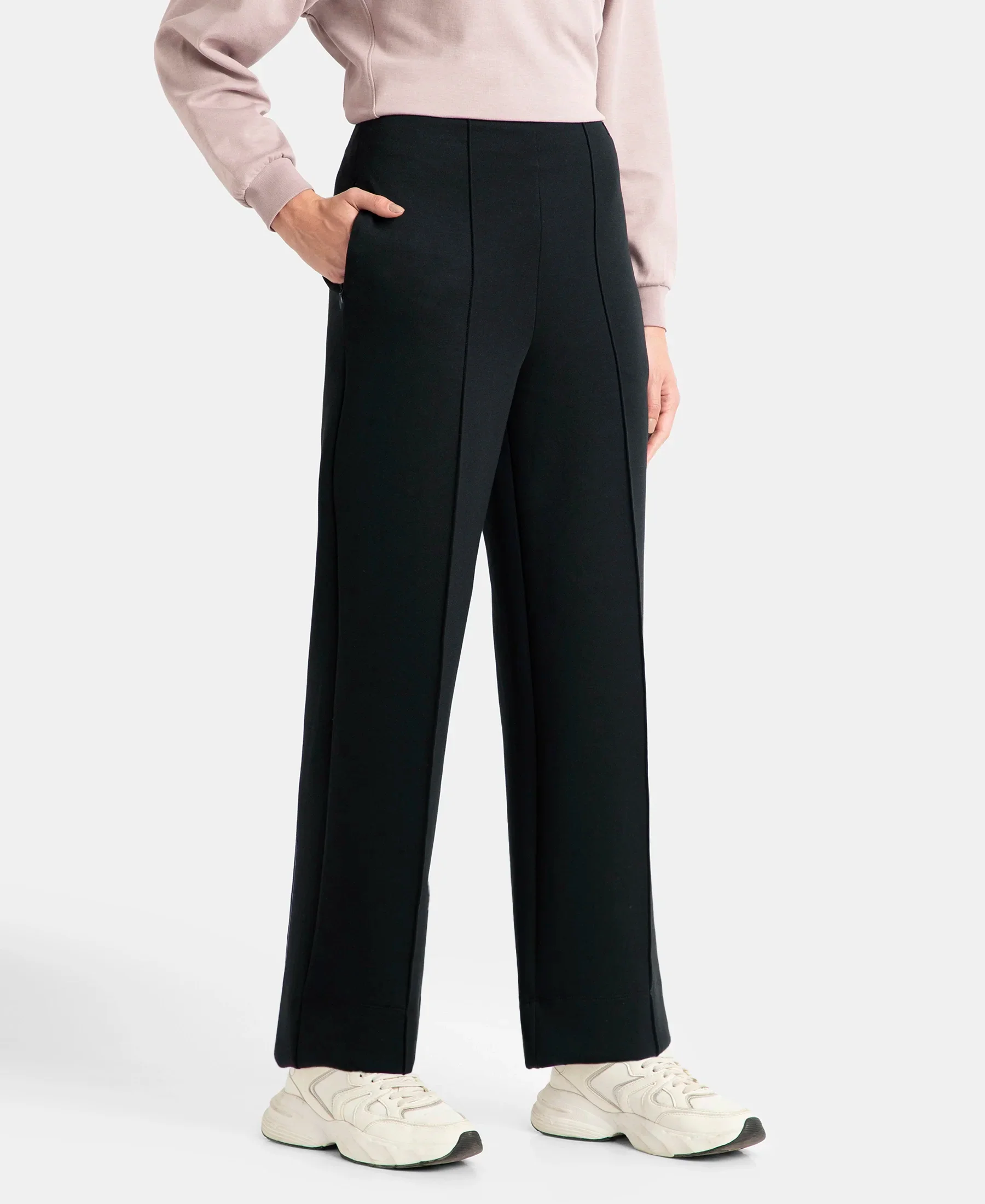 Microfiber Cotton Blend Elastane Stretch Relaxed Fit Wide Leg Pants with Zipper Pockets - Black - Image 2