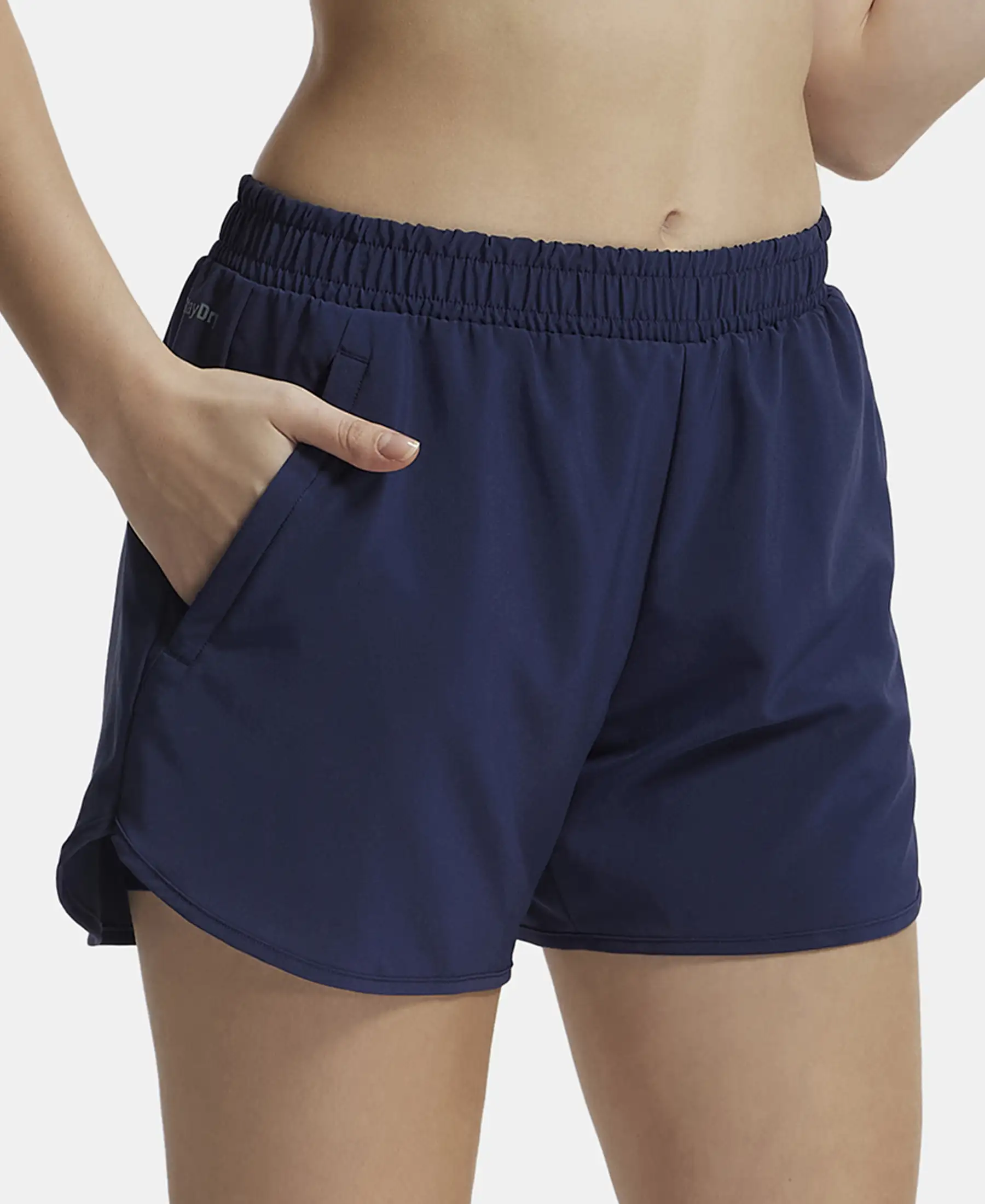 Microfiber Elastane Stretch Double Layered Woven Fabric Regular Fit Shorts with Zipper Pockets - Peacoat - Image 5