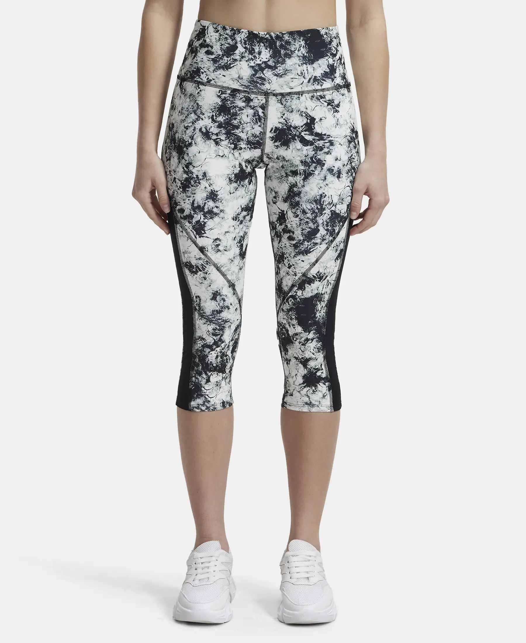 Microfiber Elastane Stretch Slim Fit Capri with Back Waistband Pocket - Black Printed