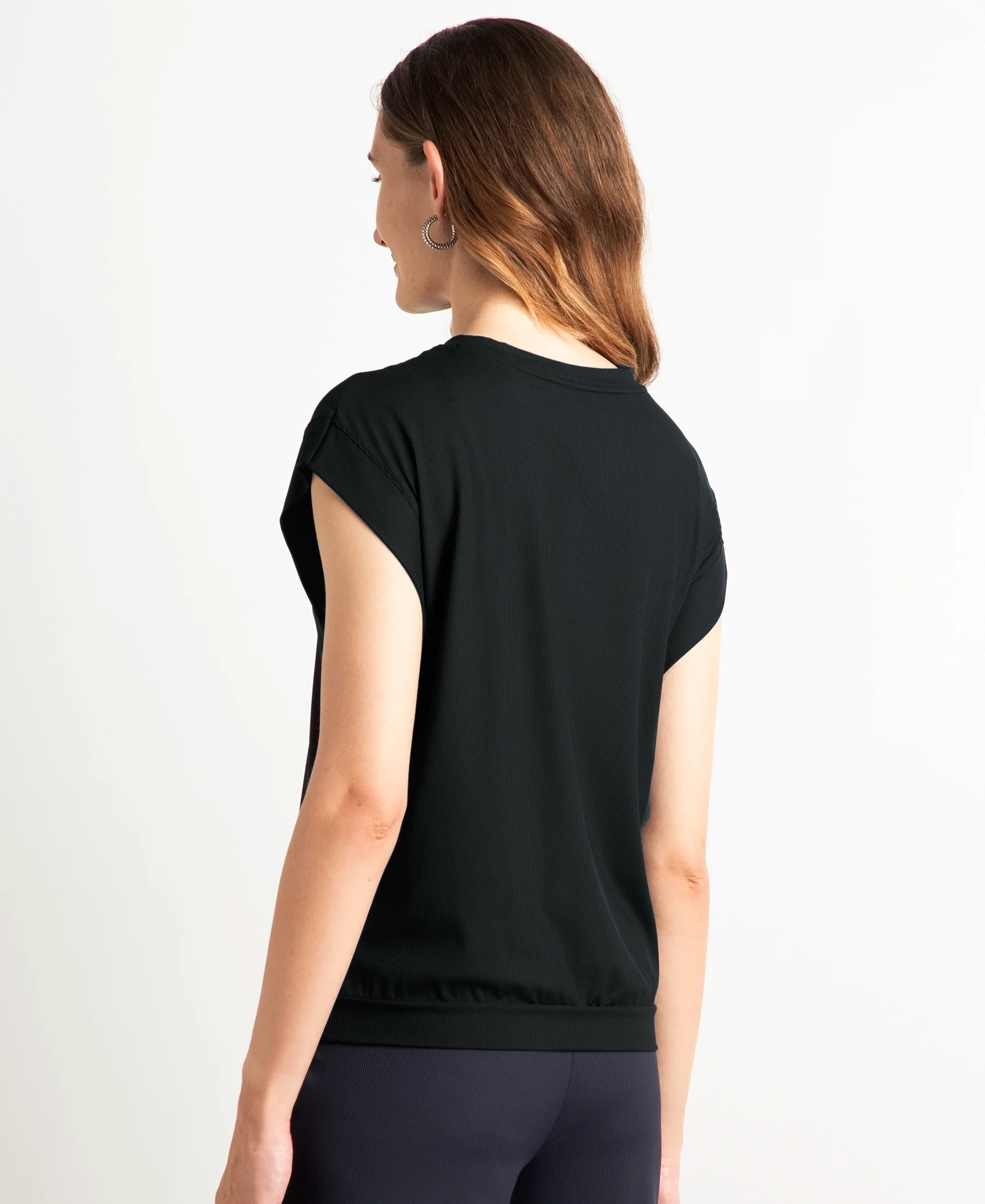 Microfiber Elastane Stretch Hybrid Tank Top with Ribbed Sleeves - Black - Image 3