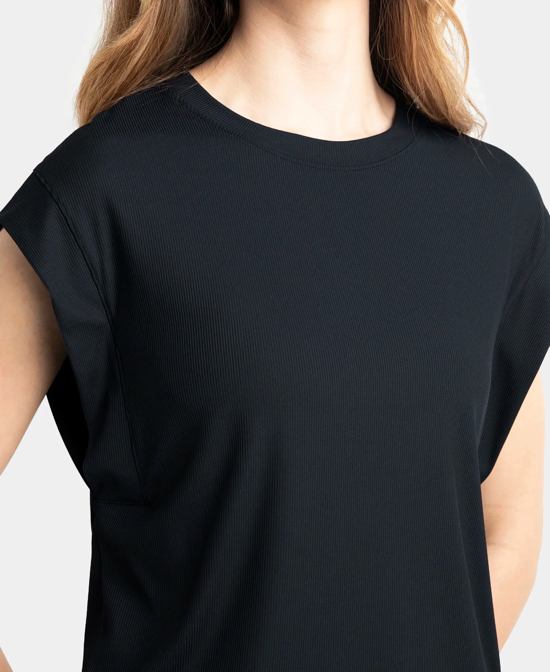 Microfiber Elastane Stretch Hybrid Tank Top with Ribbed Sleeves - Black - Image 7