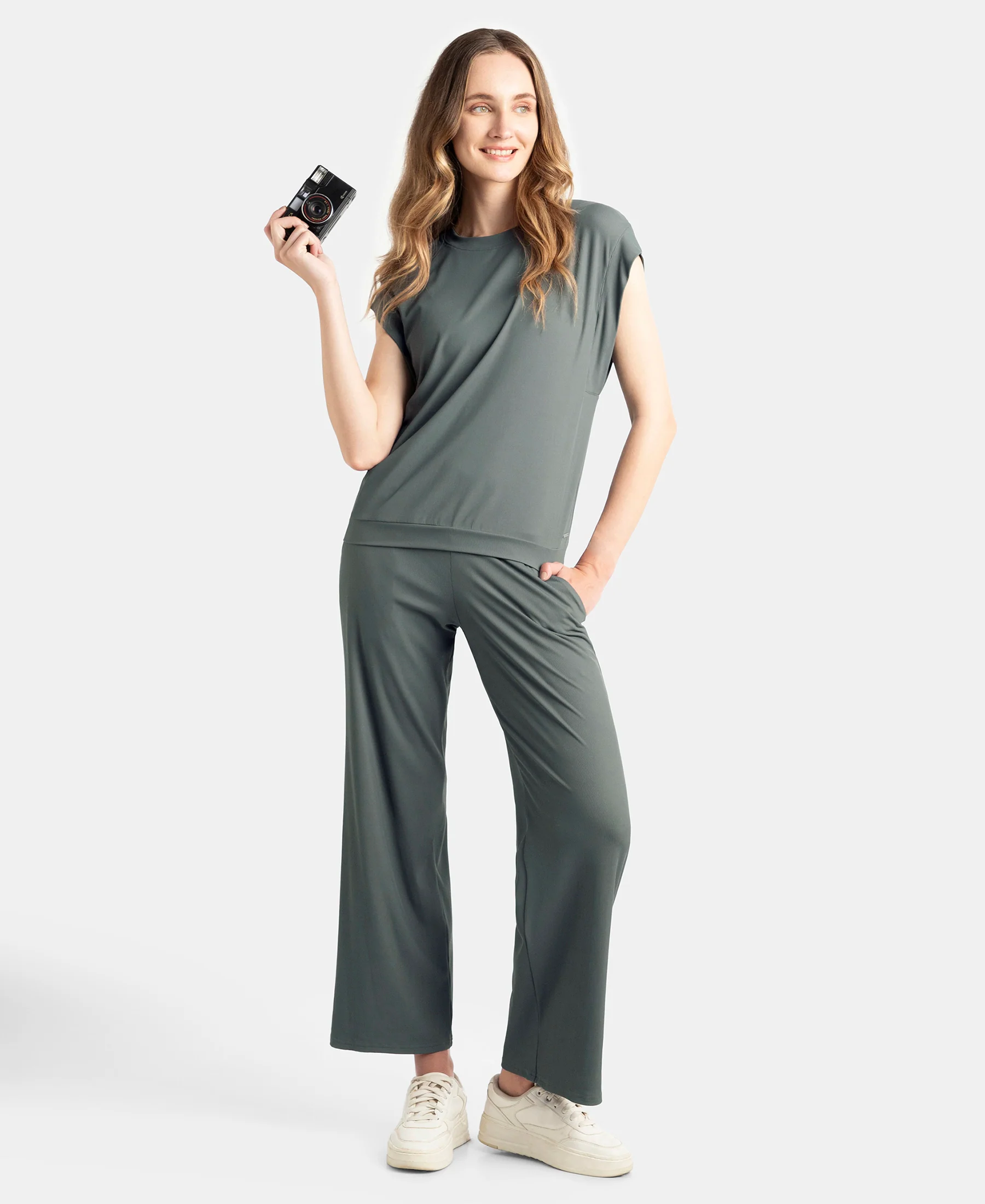 Microfiber Elastane Stretch Hybrid Tank Top with Ribbed Sleeves - Gun Metal - Image 6