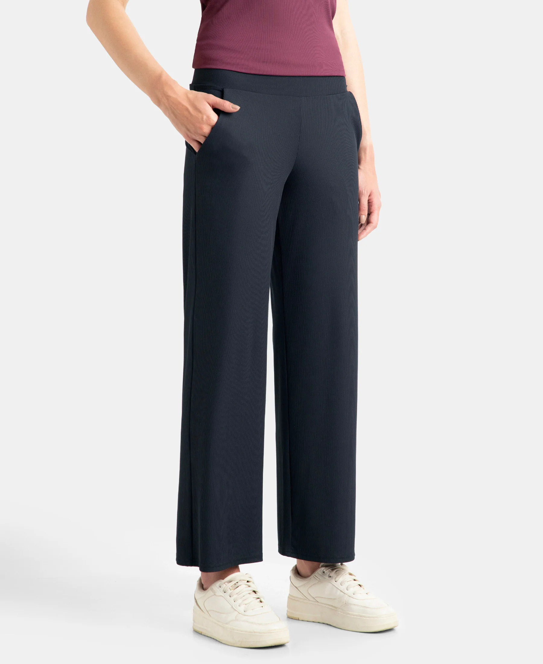Microfiber Elastane Stretch Regular Fit Wide Leg Pants - Black - Image 2