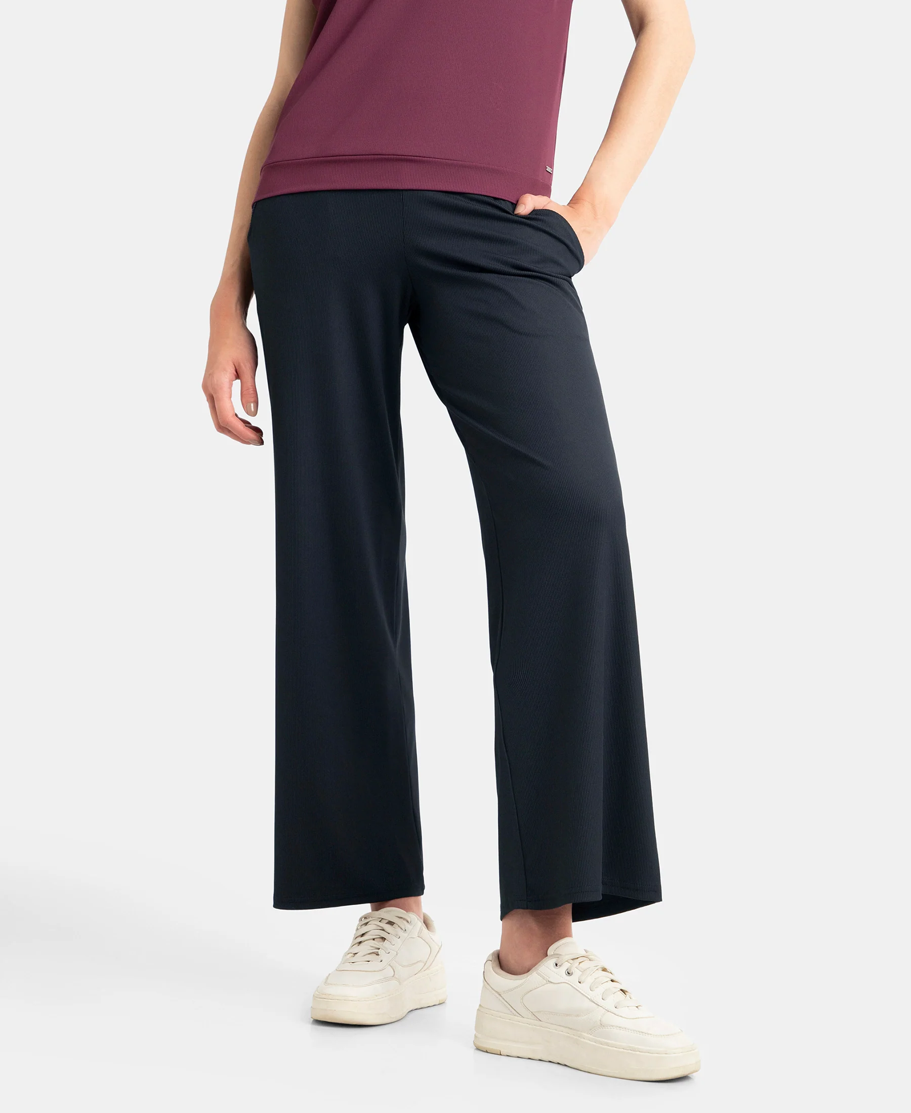Microfiber Elastane Stretch Regular Fit Wide Leg Pants - Black - Image 5