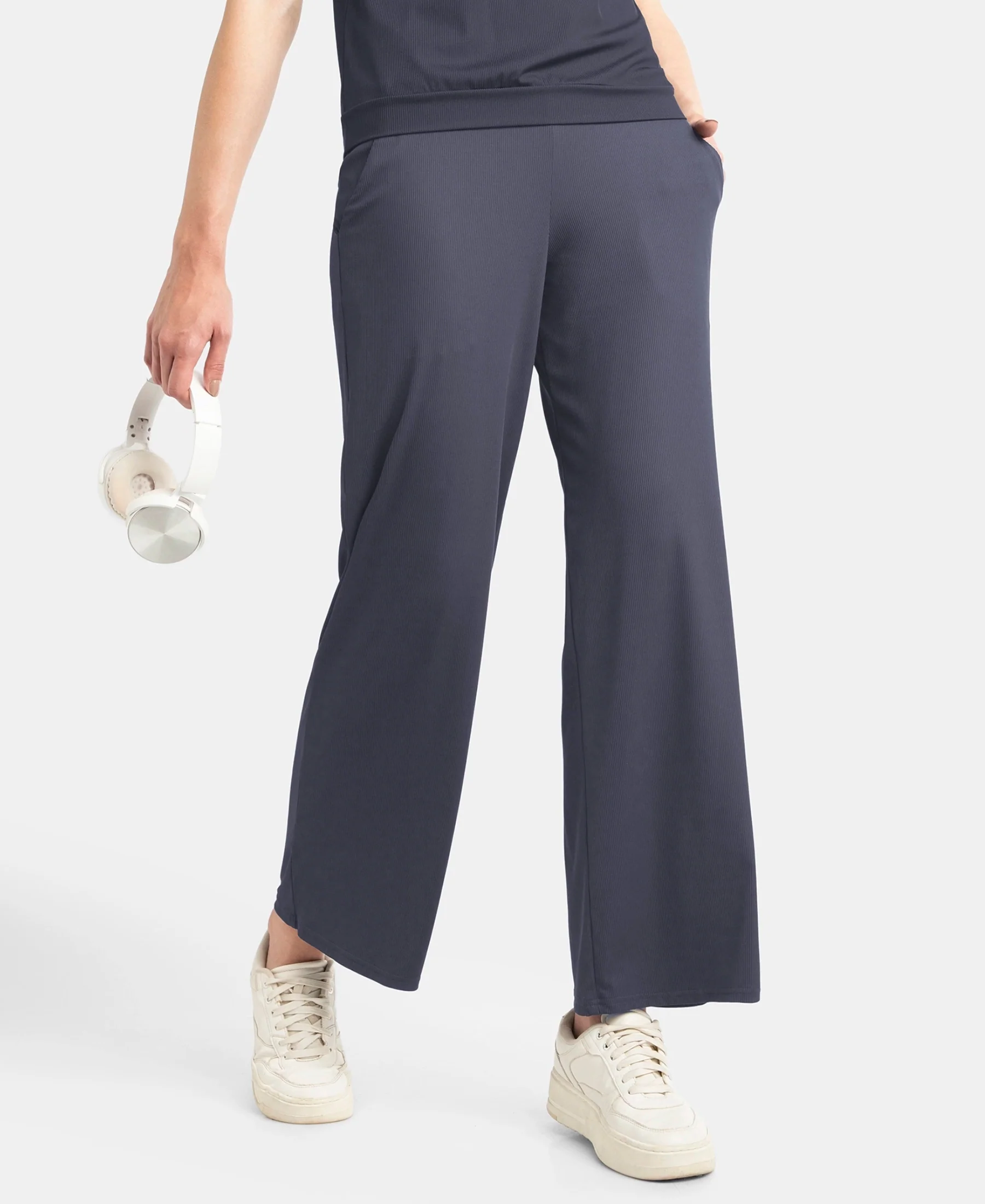 Microfiber Elastane Stretch Regular Fit Wide Leg Pants - Grey Stone - Image 5