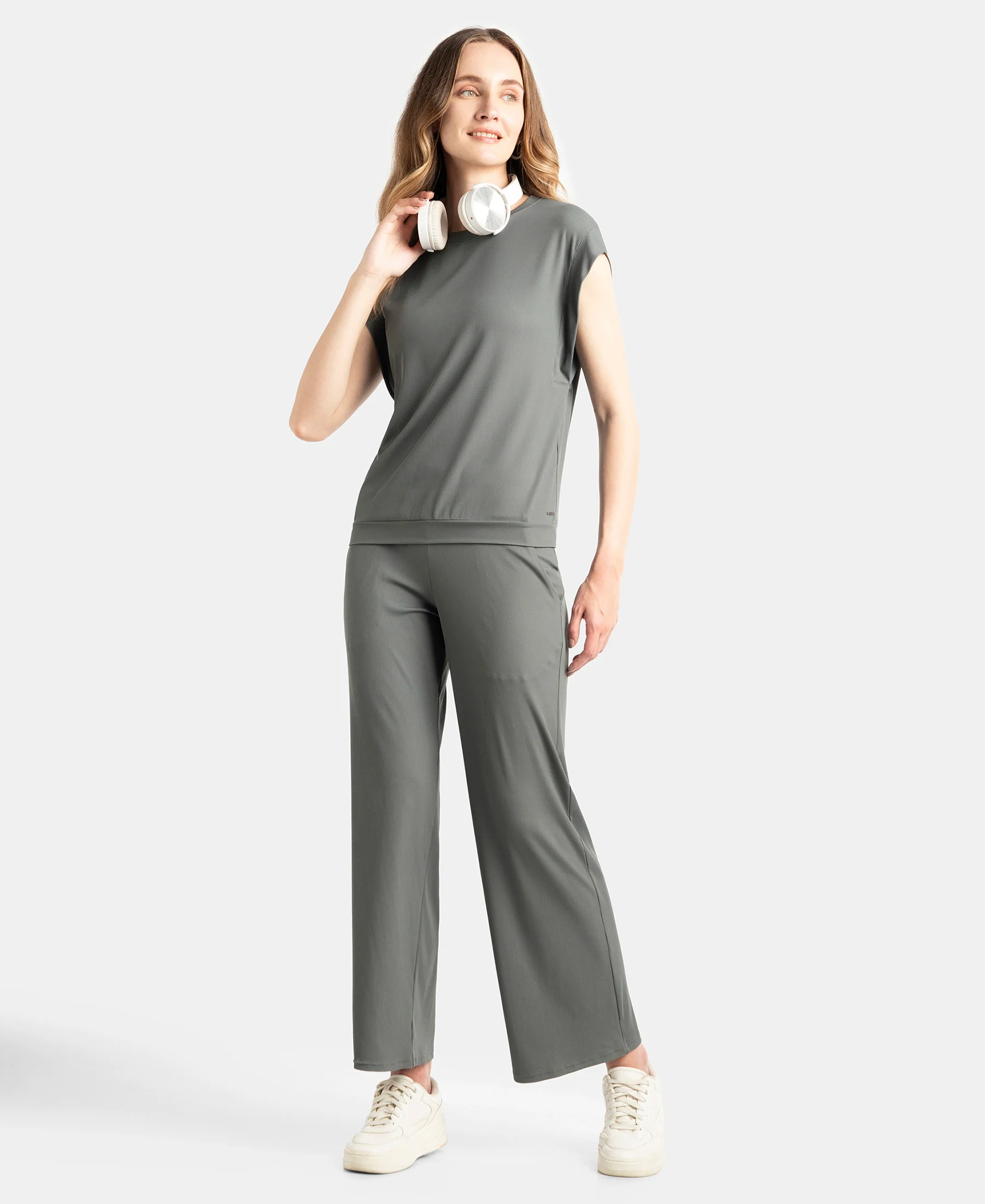 Microfiber Elastane Stretch Regular Fit Wide Leg Pants - Gun Metal - Image 6
