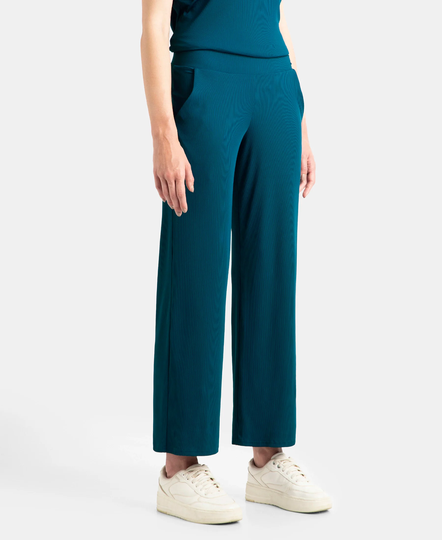 Microfiber Elastane Stretch Regular Fit Wide Leg Pants - Poseidon - Image 2