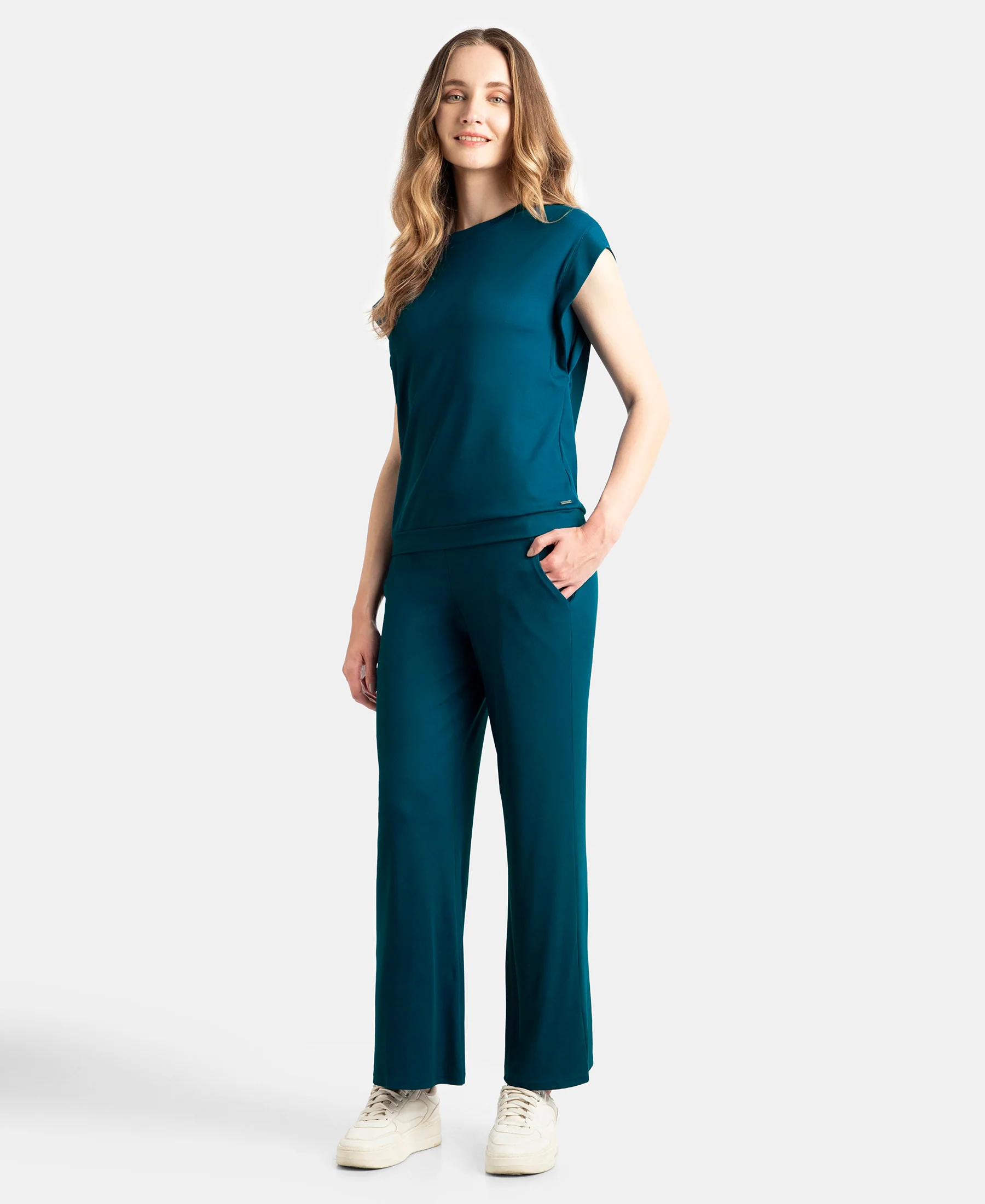 Microfiber Elastane Stretch Regular Fit Wide Leg Pants - Poseidon - Image 4