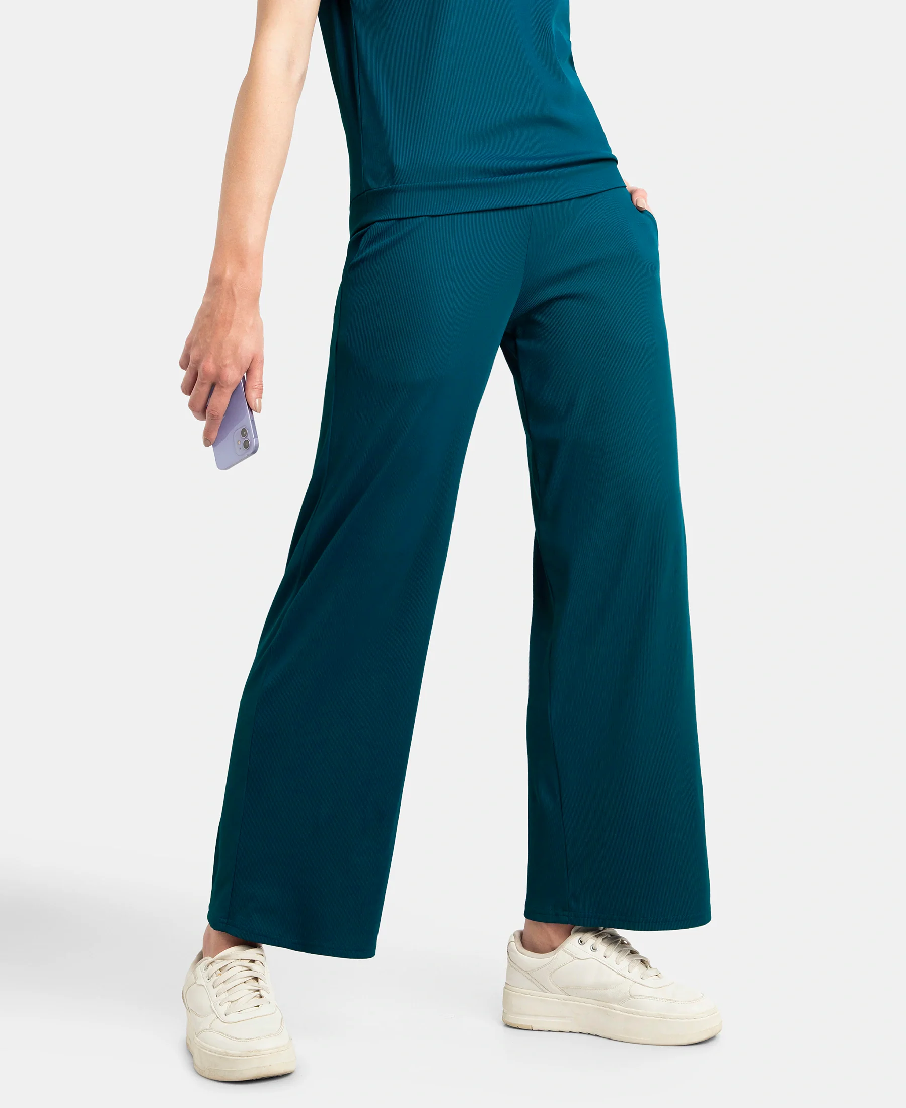 Microfiber Elastane Stretch Regular Fit Wide Leg Pants - Poseidon - Image 5