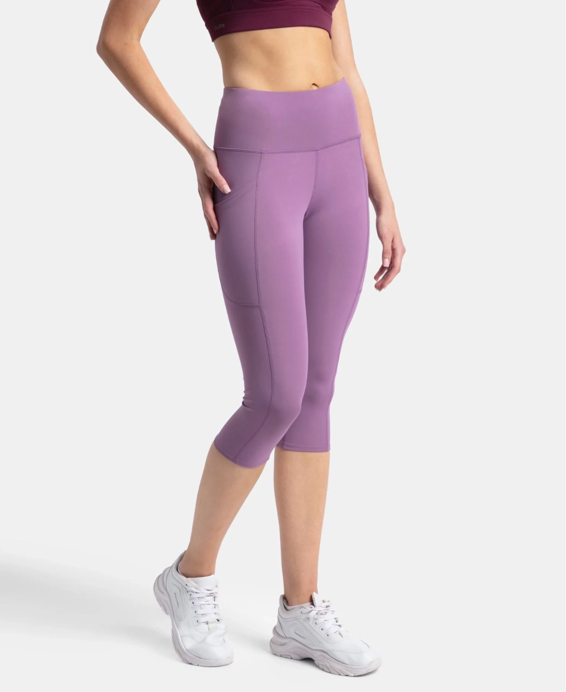 Microfiber Elastane Stretch Slim Fit Capri with Back Waistband Pocket - Chinese Violet - Image 2