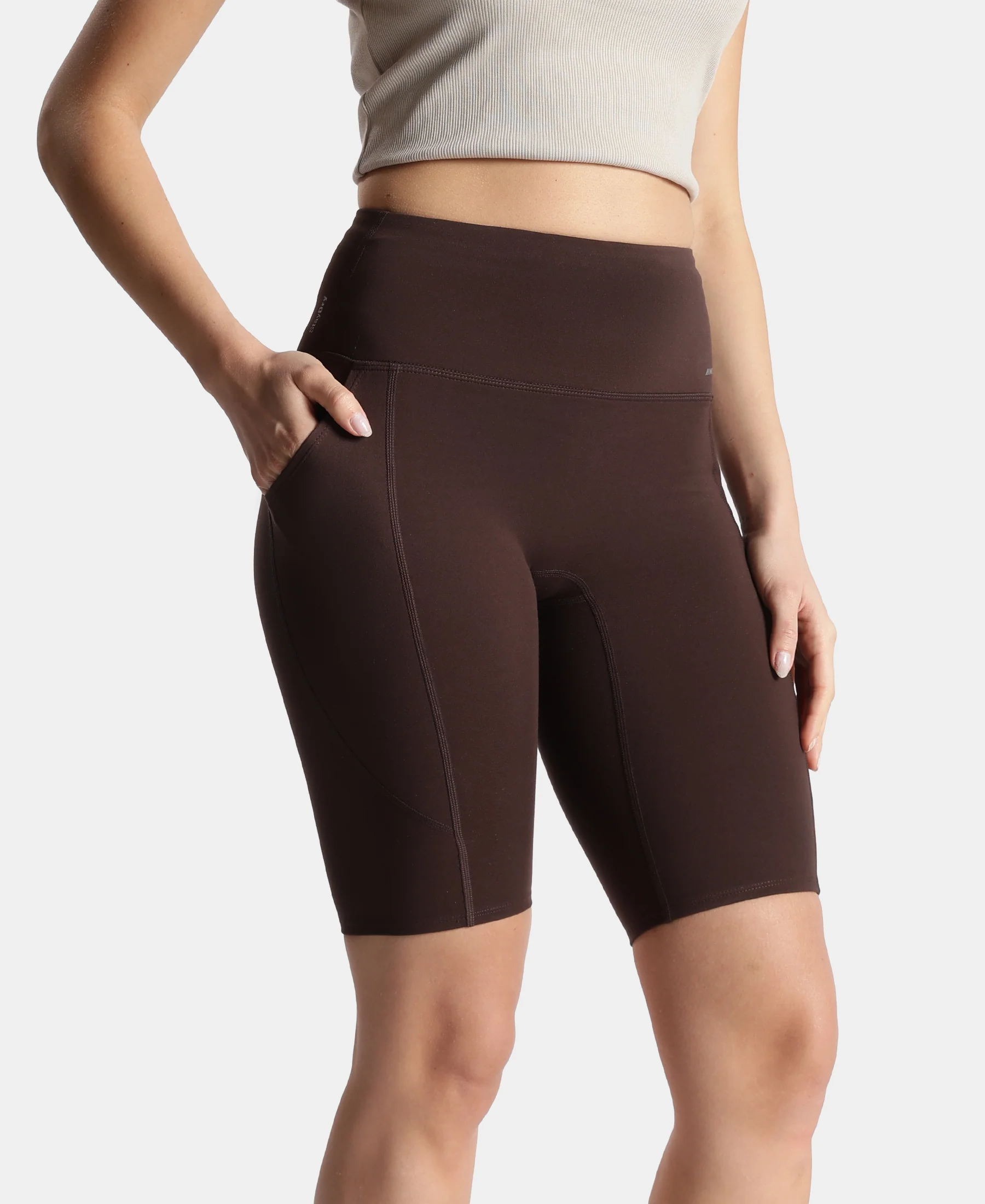 Microfiber Elastane Stretch Slim Fit Shorts with Side Pockets - Coffee - Image 2