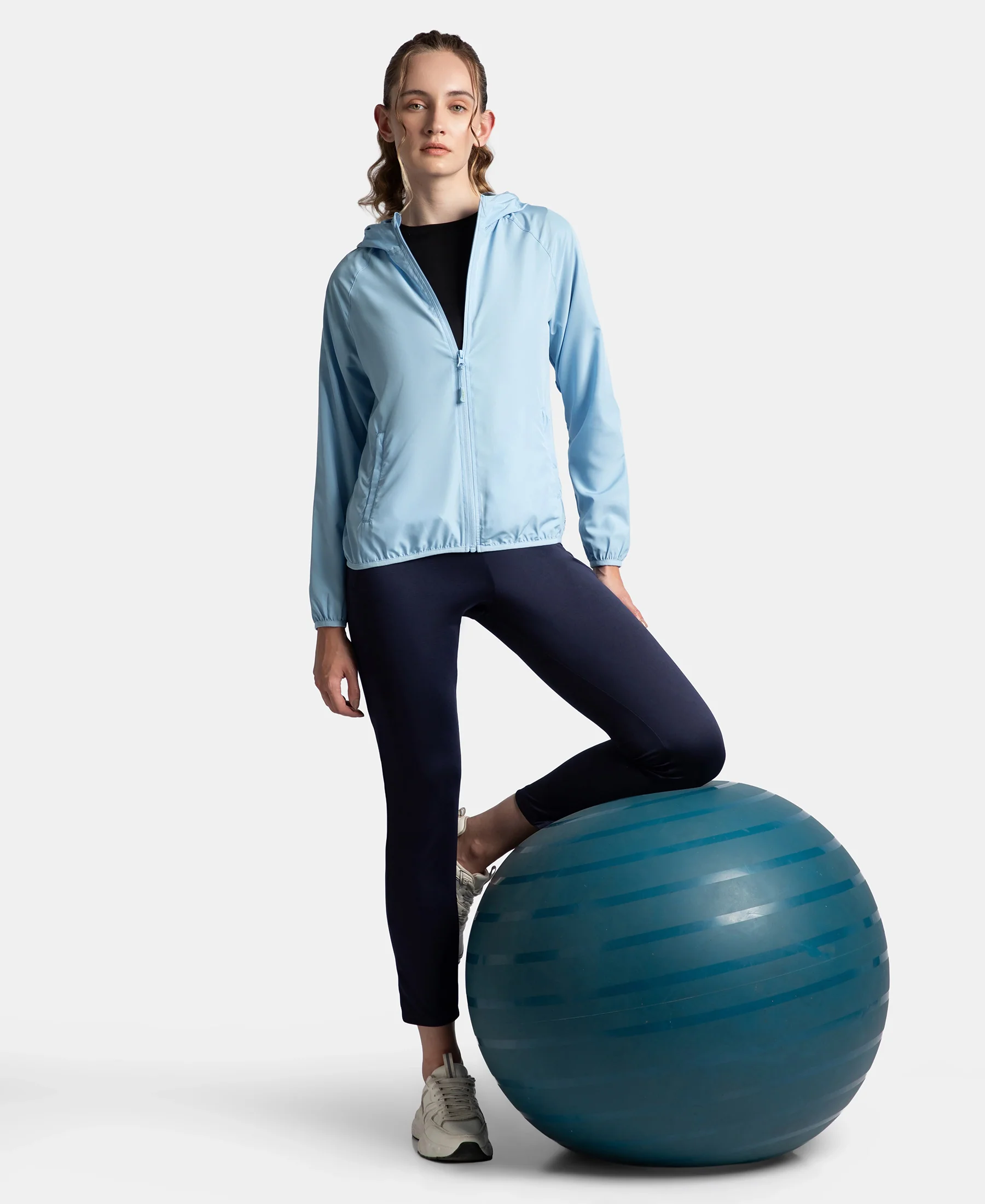 Microfiber Fabric Relaxed Fit Raglan Styled Water Resistant Hoodie Jacket - Powder Blue - Image 4