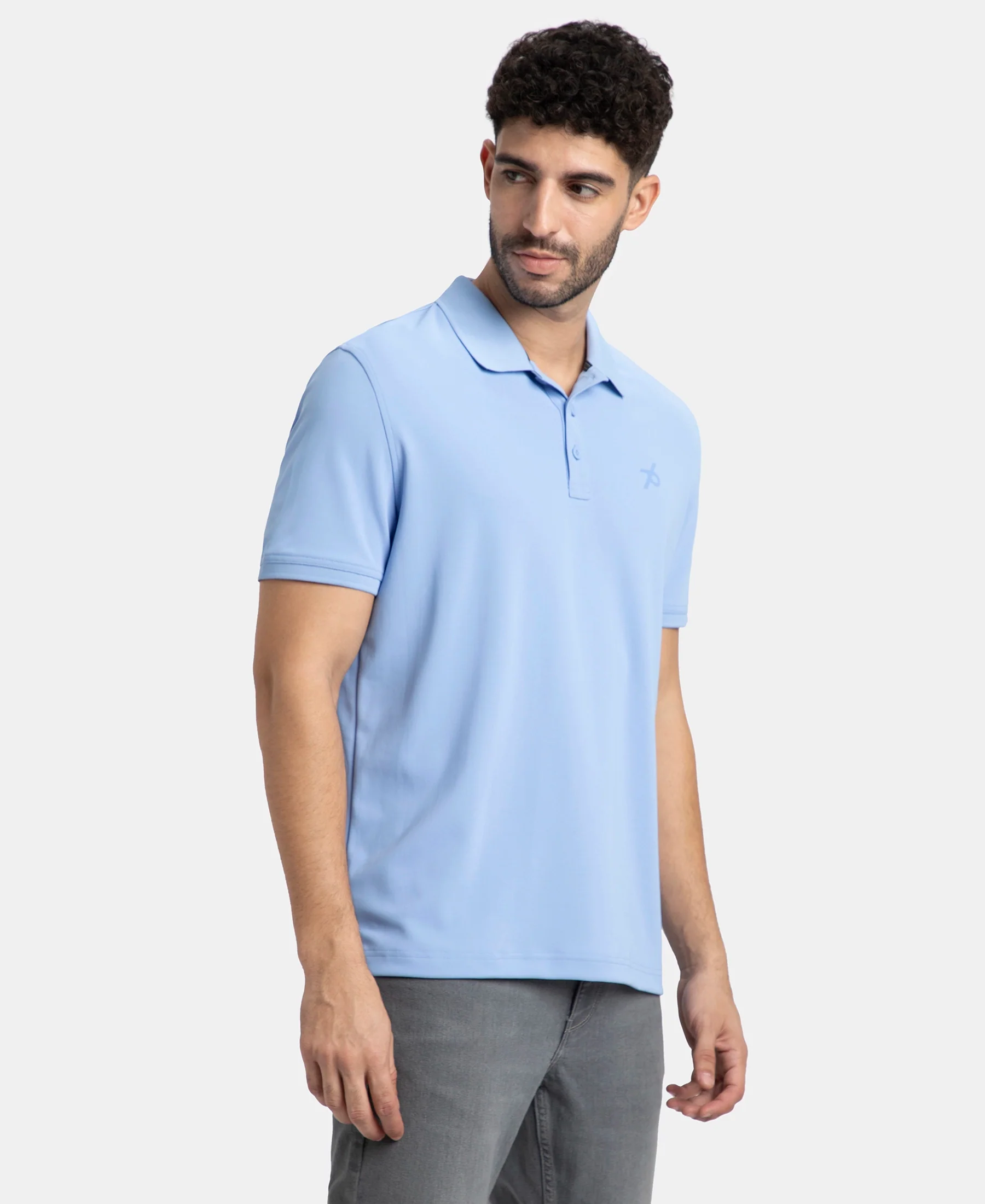 Microfiber Fabric Solid Half Sleeve Polo T-Shirt with StayDry & StayFresh Technology - Lt Blue - Image 2
