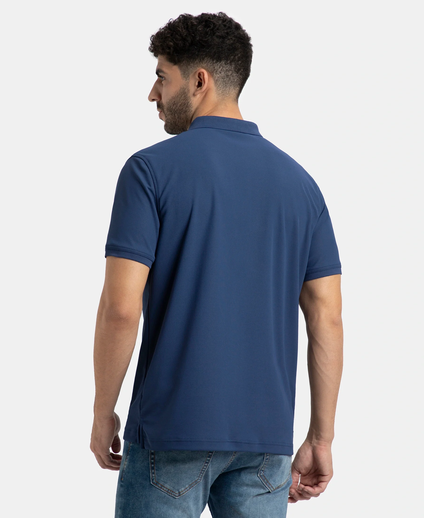 Microfiber Fabric Solid Half Sleeve Polo T-Shirt with StayDry & StayFresh Technology - Navy - Image 3