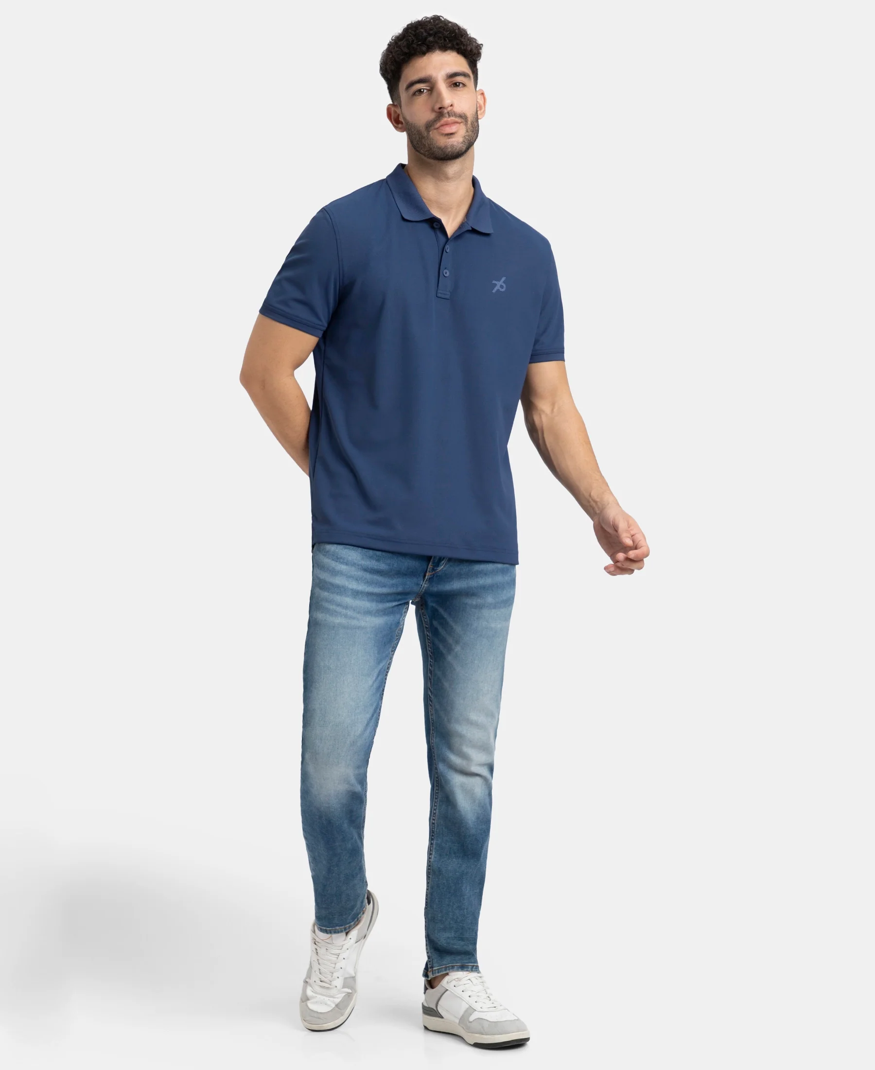 Microfiber Fabric Solid Half Sleeve Polo T-Shirt with StayDry & StayFresh Technology - Navy - Image 4