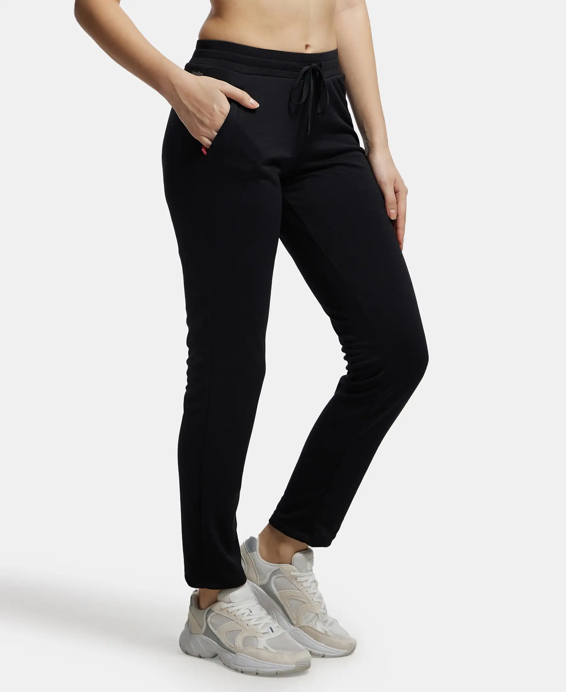 Microfiber Fabric Straight Fit Trackpants with Side Zipper Pockets - Black - Image 2