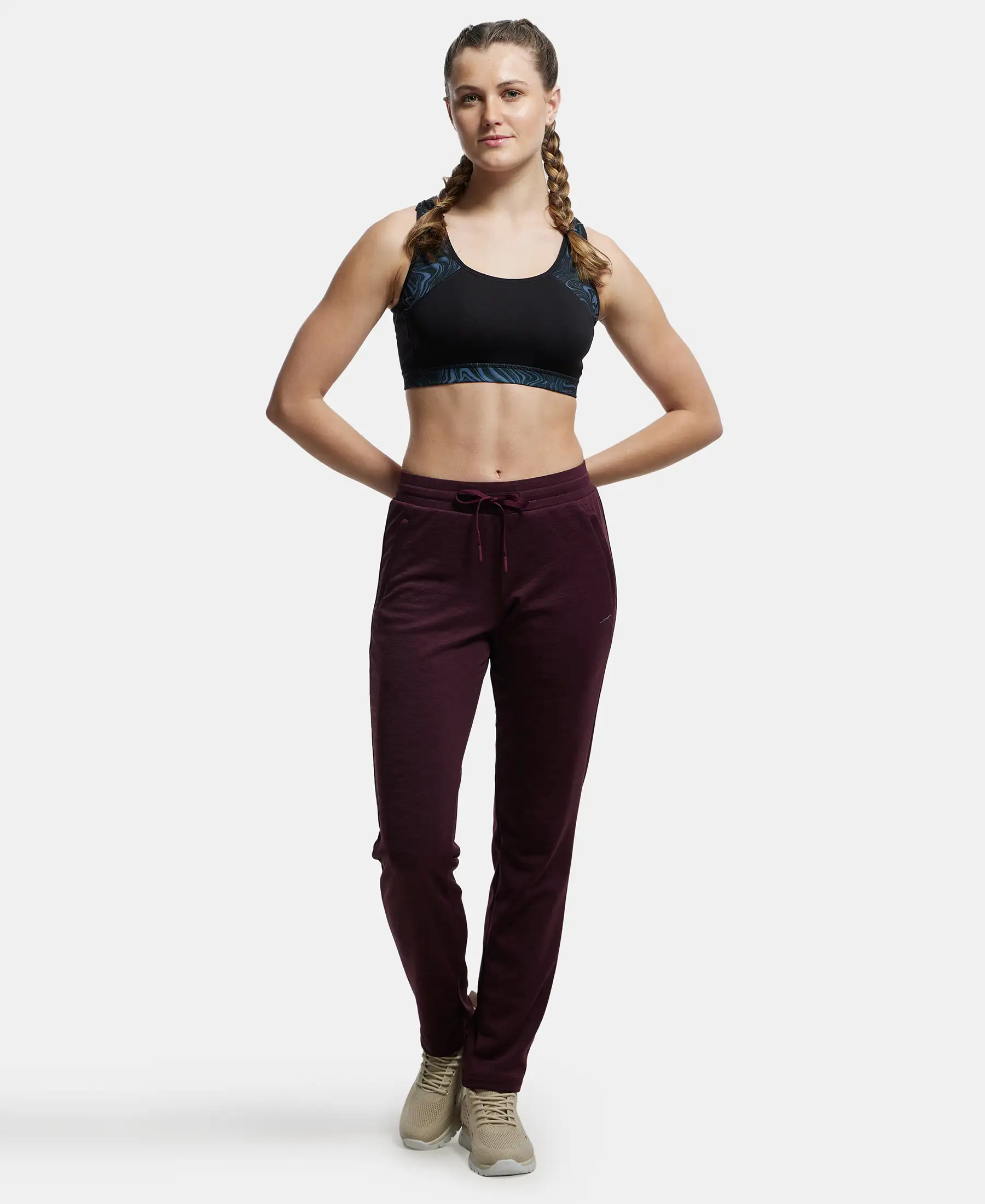 Microfiber Fabric Straight Fit Trackpants with Side Zipper Pockets - Grape Wine - Image 4