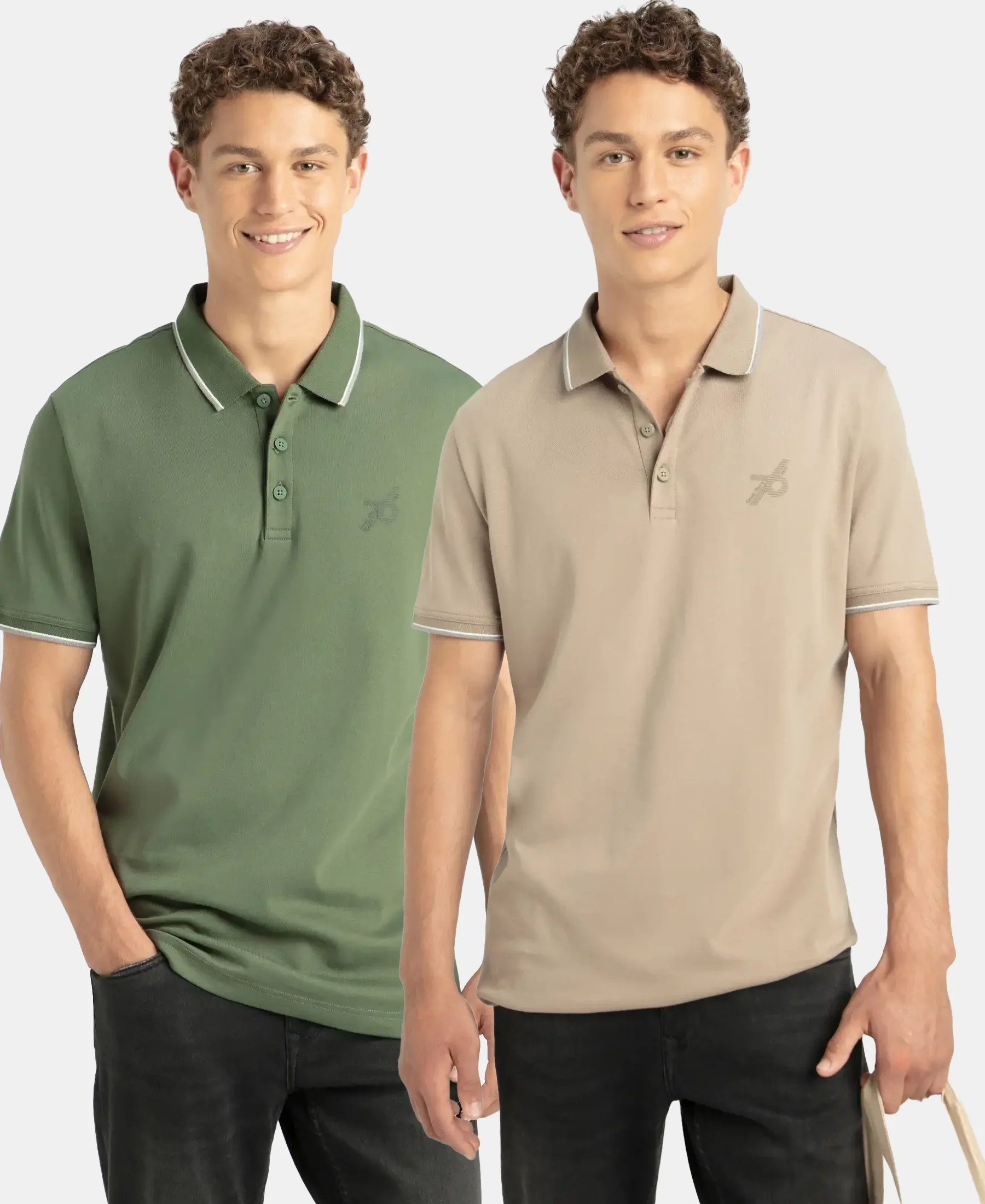 Pack of 2 Super Combed Cotton Rich Solid Half Sleeve Polo T-Shirt - Desert Taupe & Iceberg Green - Image 5