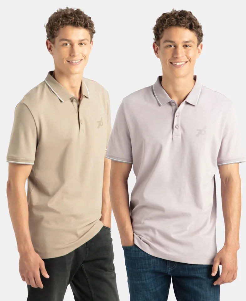 Pack of 2 Super Combed Cotton Rich Solid Half Sleeve Polo T-Shirt - Desert Taupe & Nirvana - Image 5