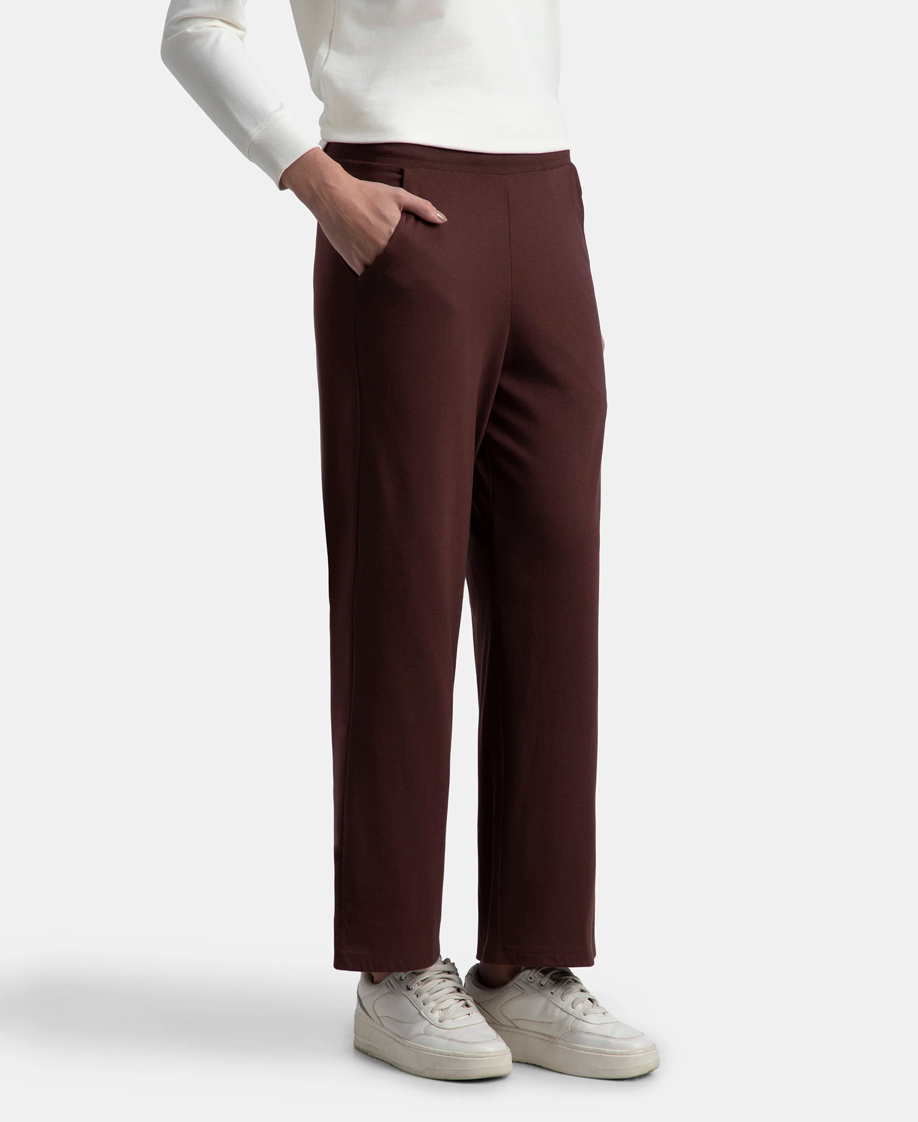 Pack of 2 Super Combed Cotton Rich Straight Fit Wide Leg Pants - Black & Puce - Image 2