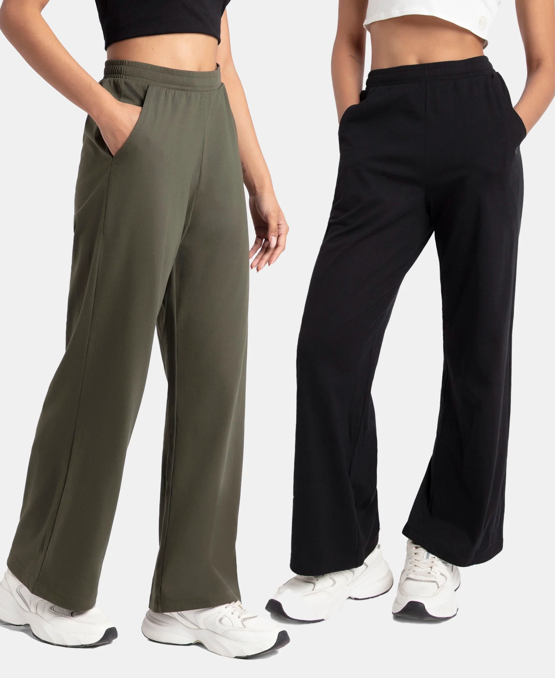 Pack of 2 Super Combed Cotton Rich Straight Fit Wide Leg Pants - Deep Depths & Black - Image 5