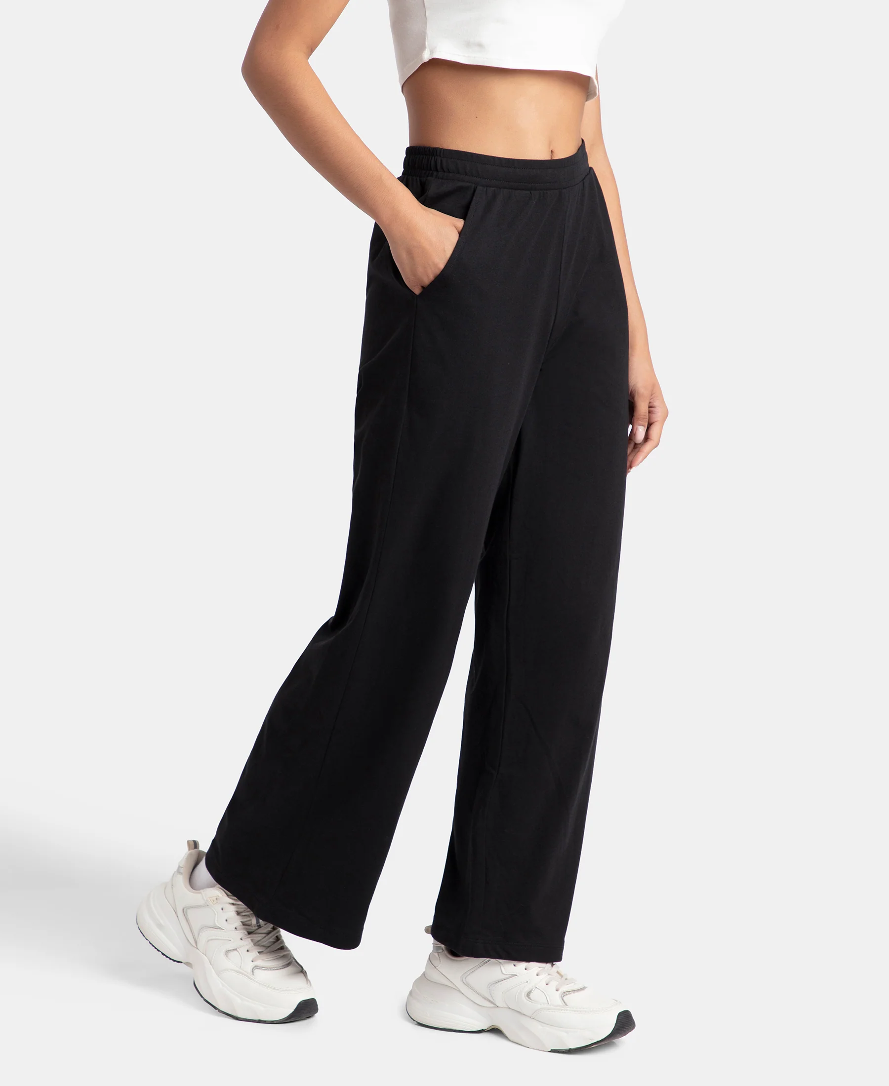 Super Combed Cotton Rich Straight Fit Wide Leg Pants - Black - Image 2