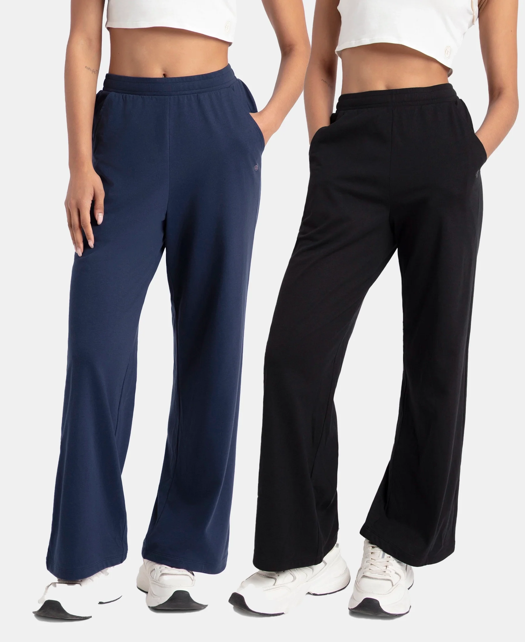 Pack of 2 Super Combed Cotton Rich Straight Fit Wide Leg Pants - Navy Blazer & Black - Image 5