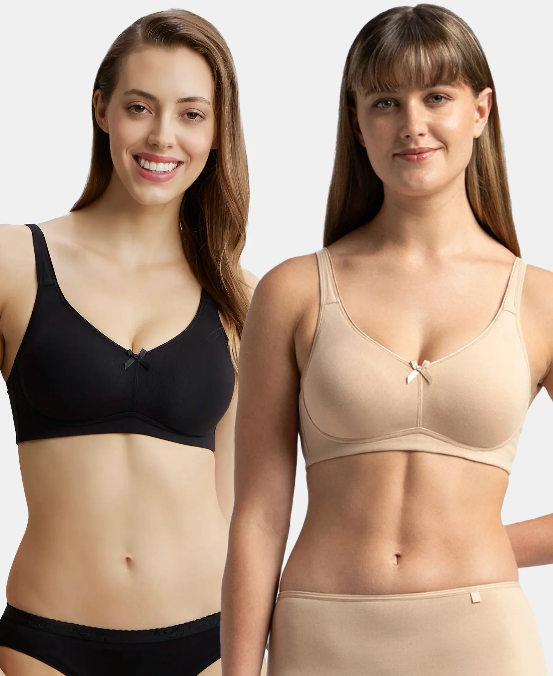Pack of 2 Wirefree Non Padded Super Combed Cotton Elastane Stretch Full Coverage Everyday Bra with Concealed Shaper Panel - Black & Skin - Image 5