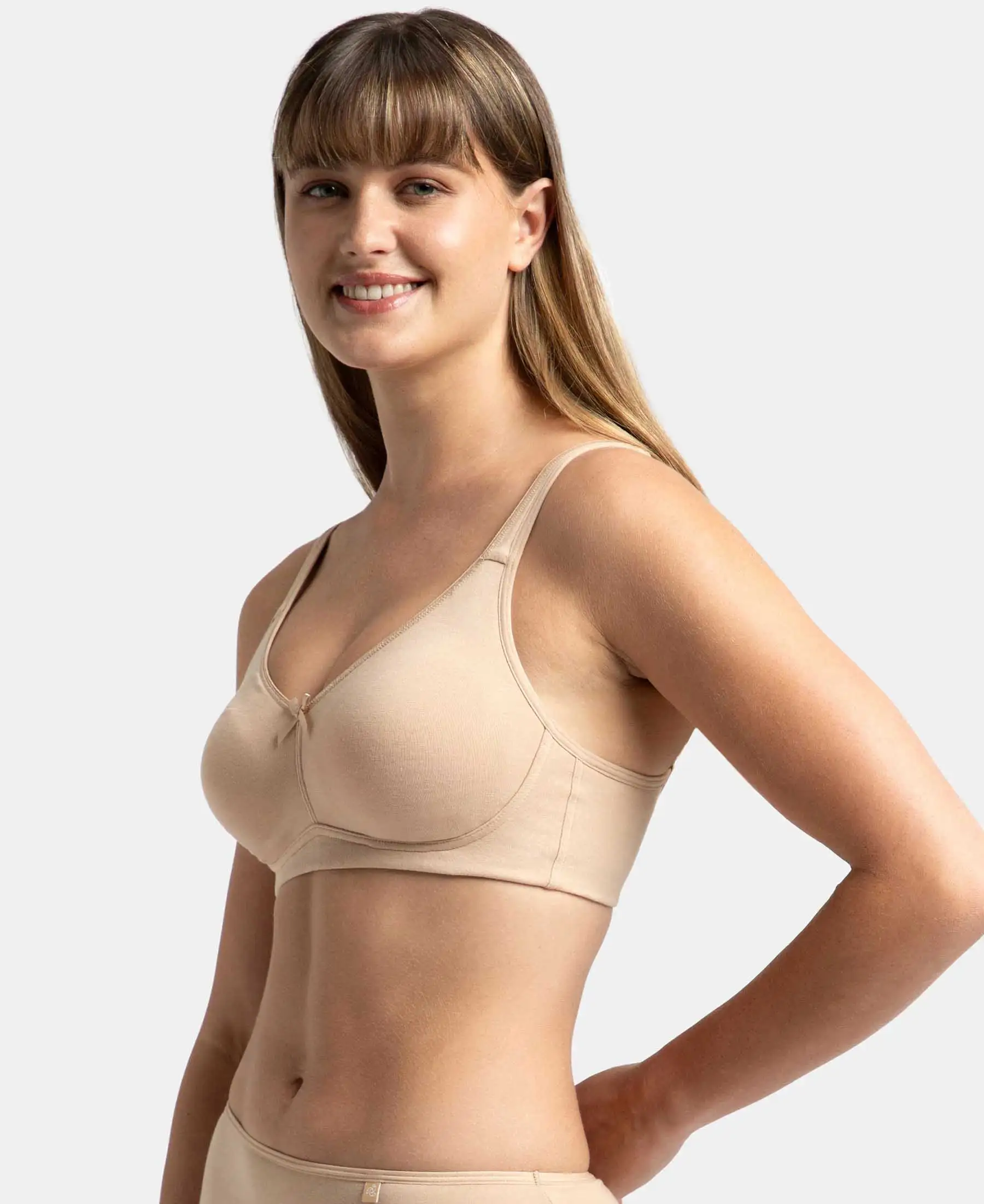 Pack of 2 Wirefree Non Padded Super Combed Cotton Elastane Stretch Full Coverage Everyday Bra with Concealed Shaper Panel - Black & Skin - Image 6