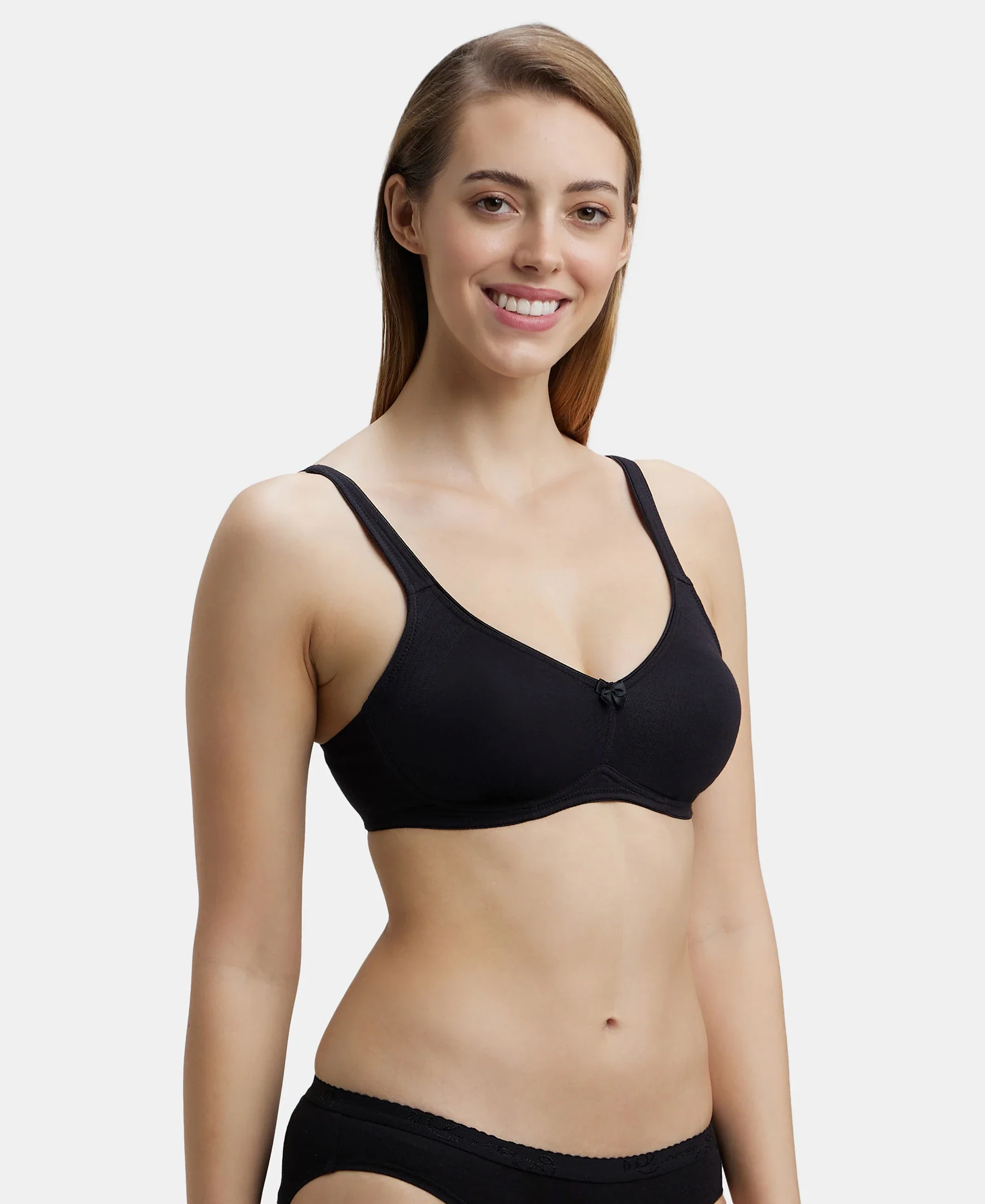 Pack of 2 Wirefree Non Padded Super Combed Cotton Elastane Stretch Full Coverage Everyday Bra with Contoured Shaper Panel and Adjustable Straps - Black & Skin - Image 4