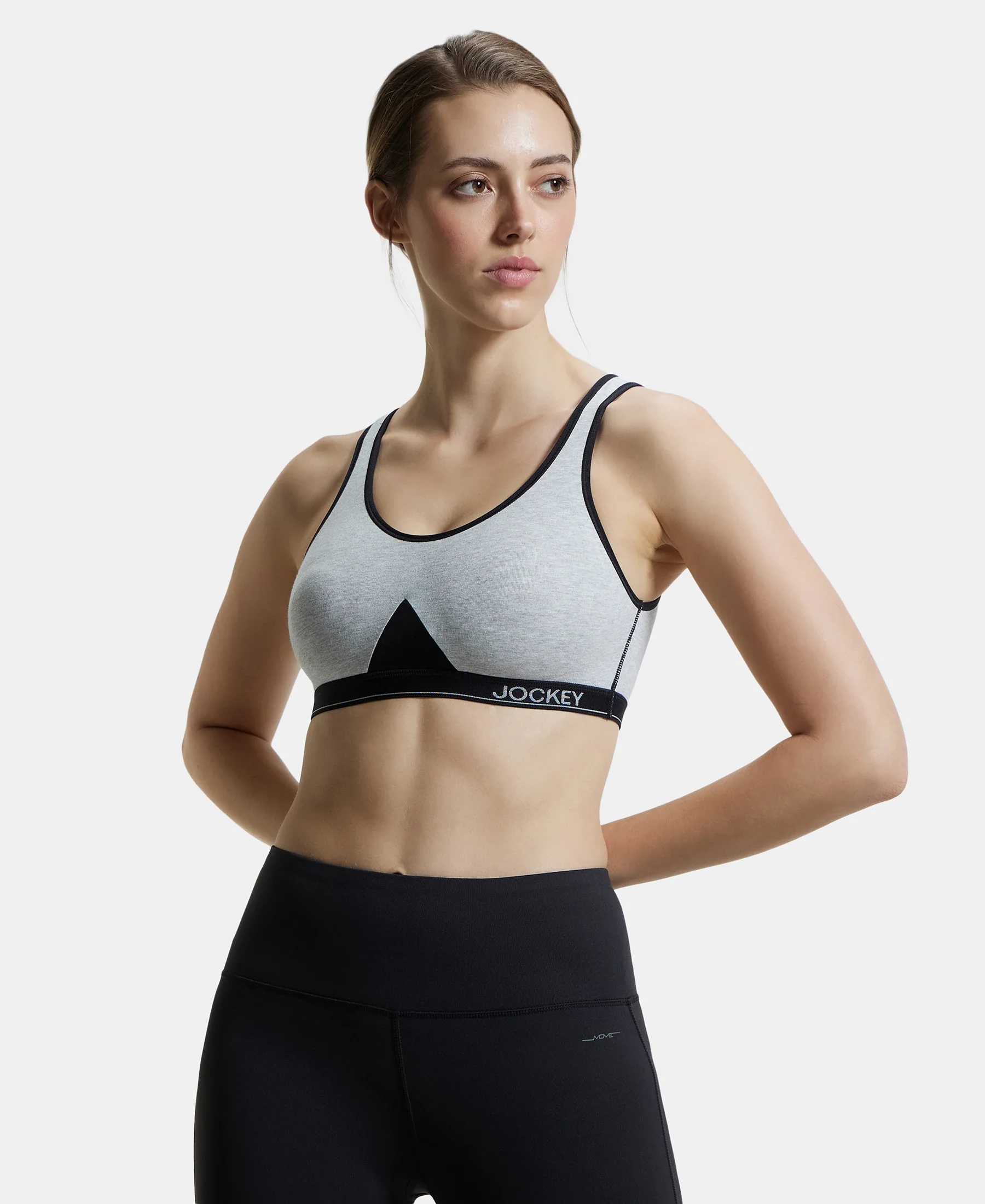 Pack of 2 Wirefree Non Padded Super Combed Cotton Elastane Stretch Full Coverage Slip-On Active Bra with Wider Straps and Moisture Move Treatment - Black and Steel Grey Melange - Image 8