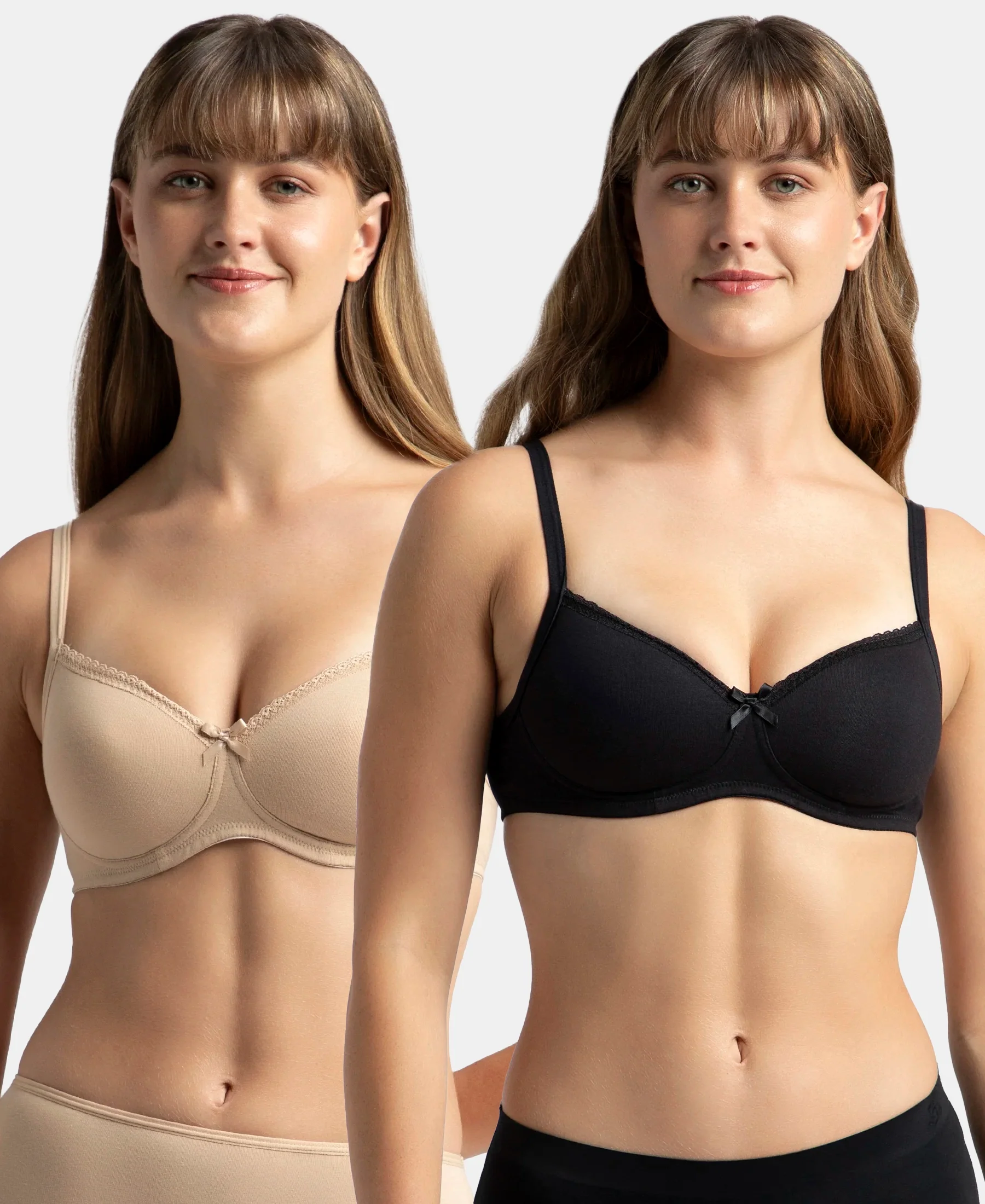 Pack of 2 Wirefree Padded Super Combed Cotton Elastane Stretch Medium Coverage T-Shirt Bra with Lace Styling - Black & Light Skin - Image 5