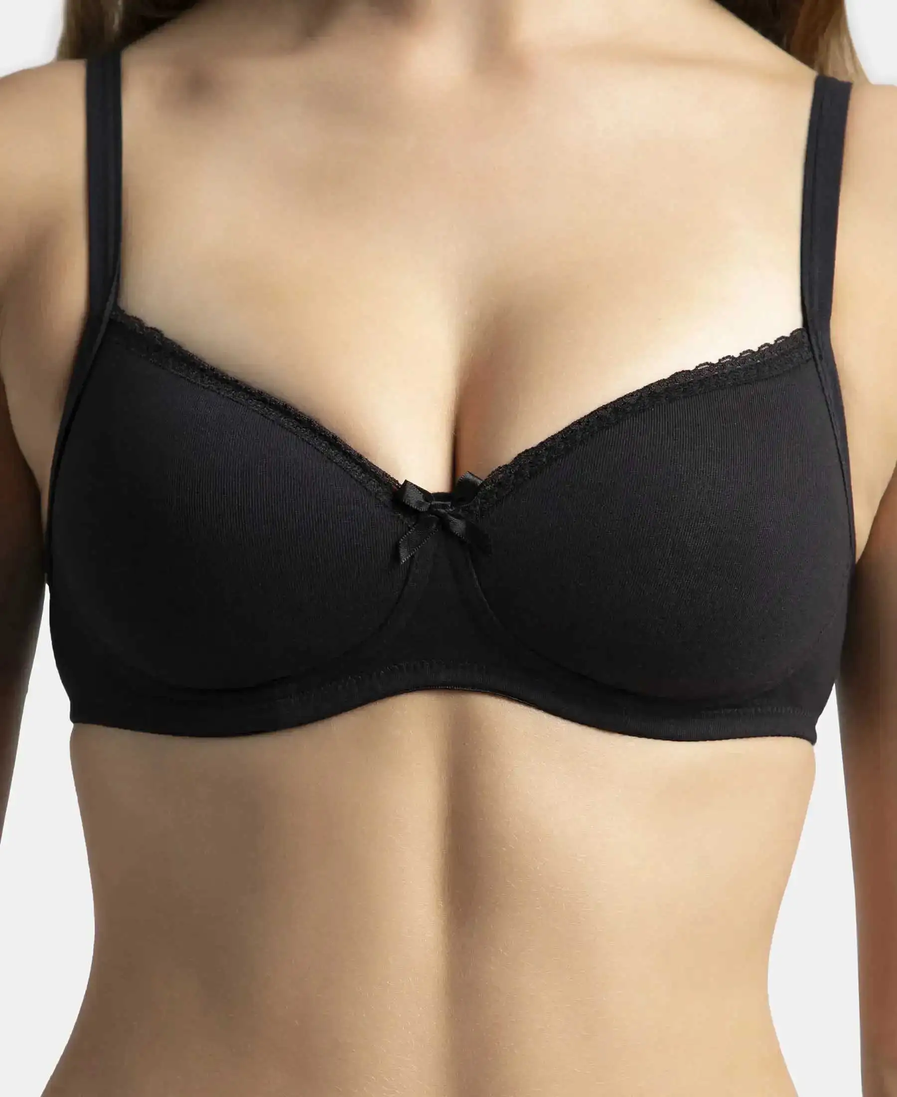 Pack of 2 Wirefree Padded Super Combed Cotton Elastane Stretch Medium Coverage T-Shirt Bra with Lace Styling - Black & Light Skin - Image 7