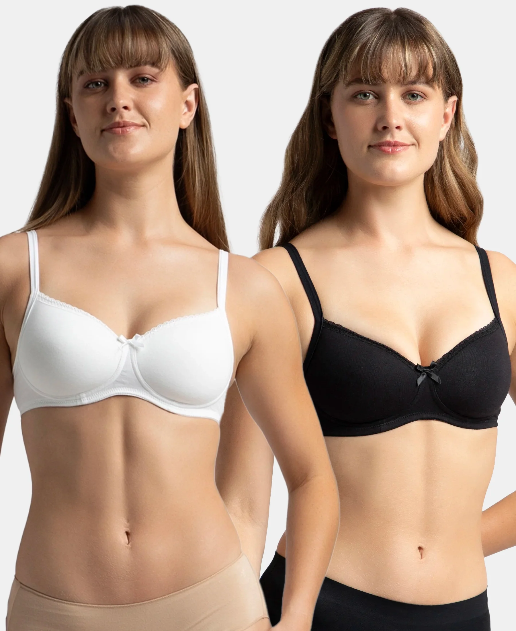 Pack of 2 Wirefree Padded Super Combed Cotton Elastane Stretch Medium Coverage T-Shirt Bra with Lace Styling - Black & White - Image 5
