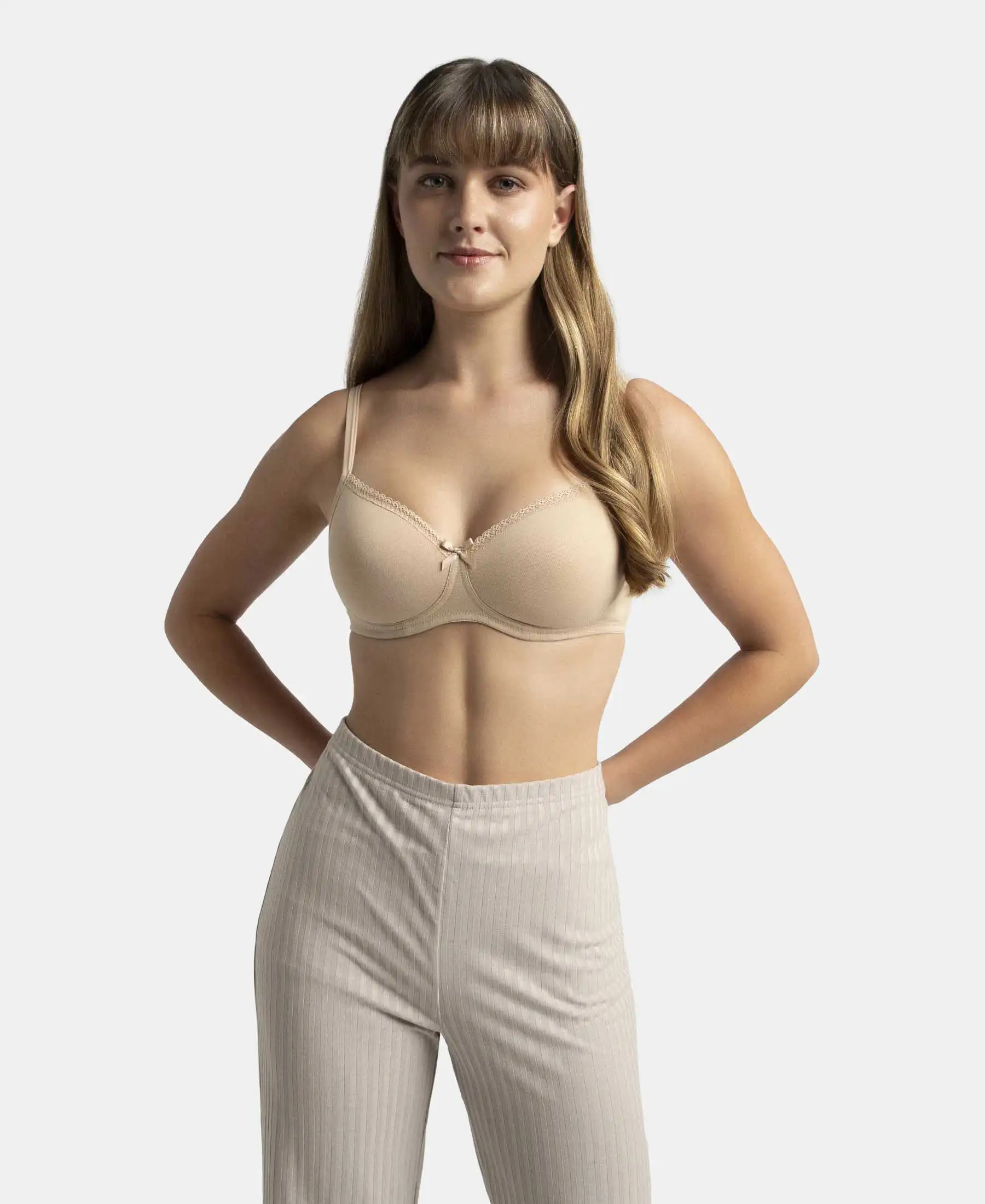 Pack of 2 Wirefree Padded Super Combed Cotton Elastane Stretch Medium Coverage T-Shirt Bra with Lace Styling - White & Light Skin - Image 9