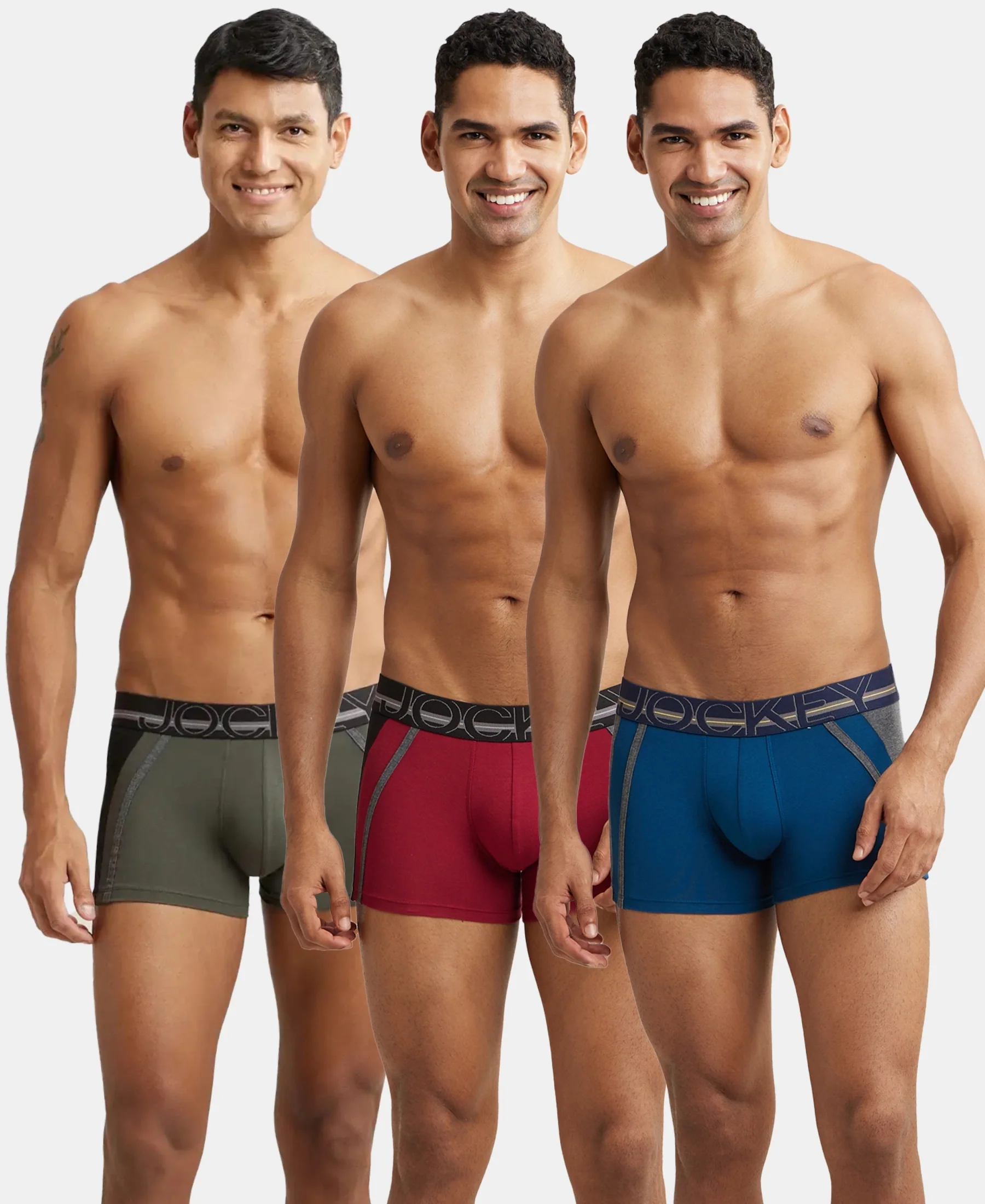 Pack of 3 Super Combed Cotton Elastane Stretch Solid Trunk with Ultrasoft Waistband - Red Pepper, Poseidon & Deep Olive - Image 5