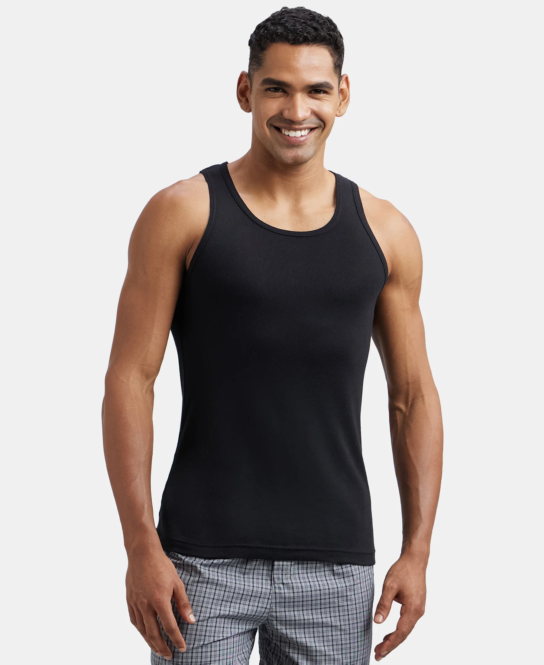 Pack of 3 Super Combed Cotton Rib Round Neck Sleeveless Vest - White-Grey Melange, Teal Green-Black & Neon Blue - Image 2