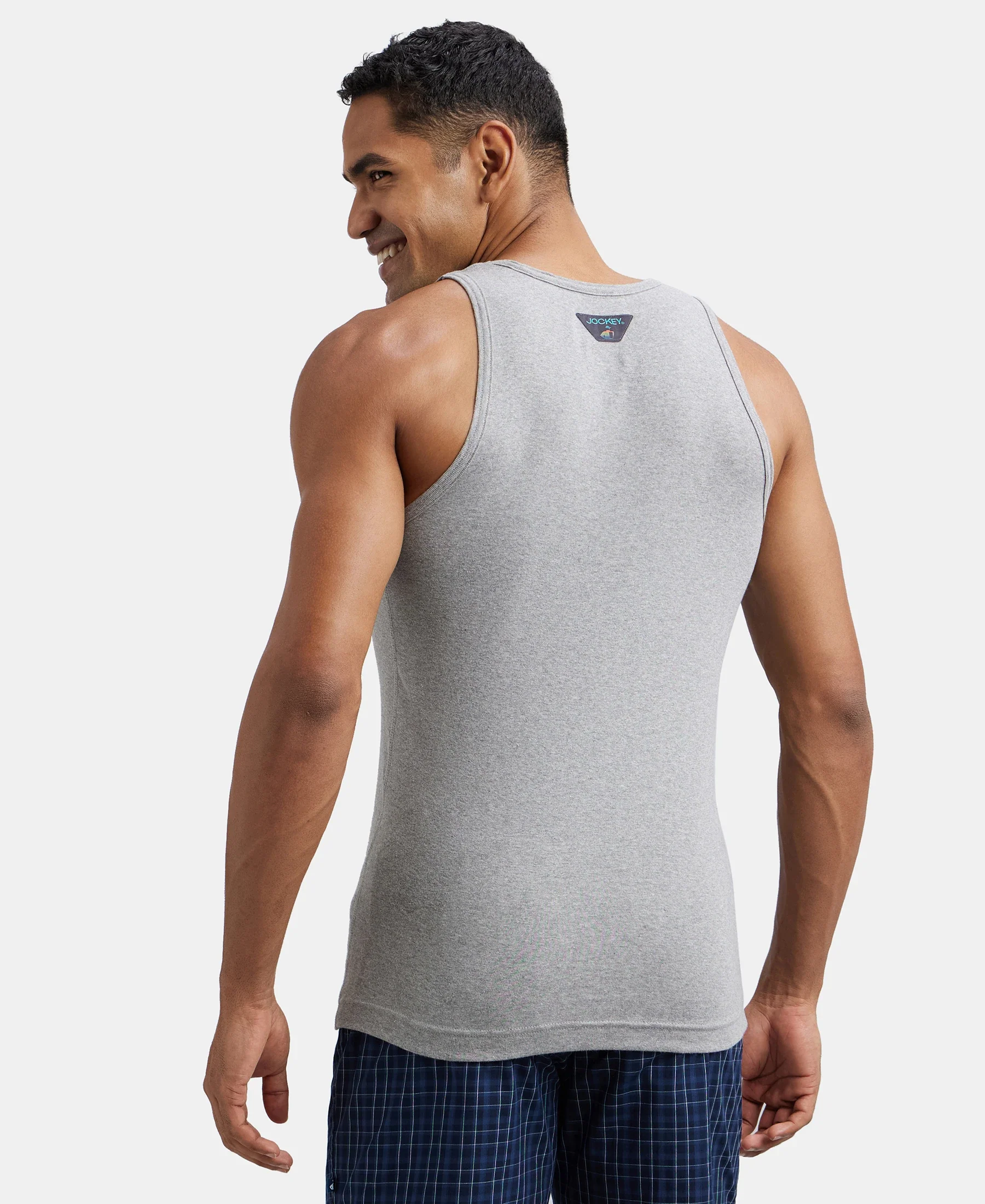 Pack of 3 Super Combed Cotton Rib Round Neck Sleeveless Vest - White-Grey Melange, Teal Green-Black & Neon Blue - Image 3