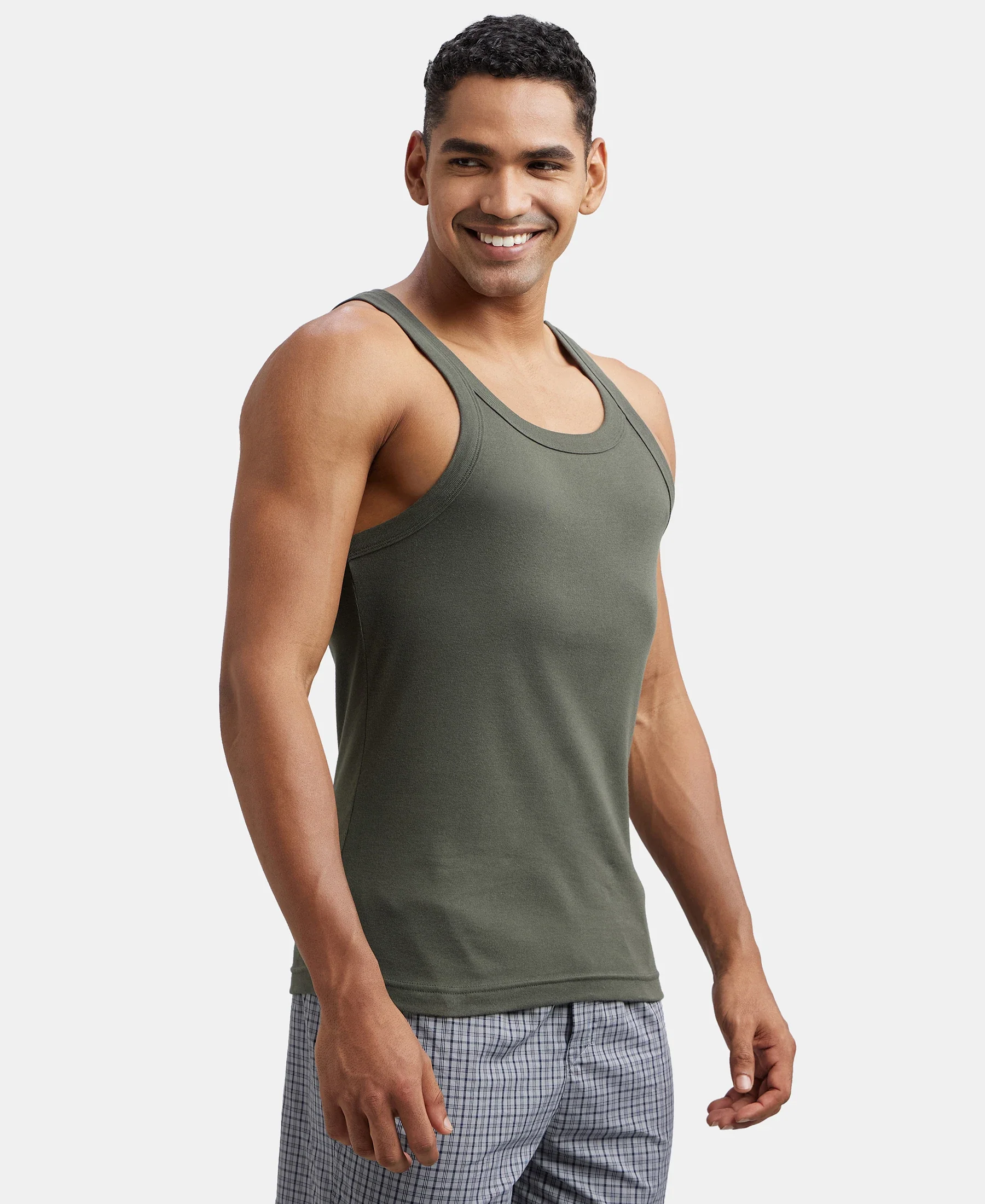 Pack of 3 Super Combed Cotton Rib Square Neck Gym Vest - Poseidon, Red Pepper & Deep Olive - Image 6